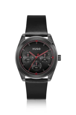 #BRIGHT SPORT Black-plated watch with tonal leather strap