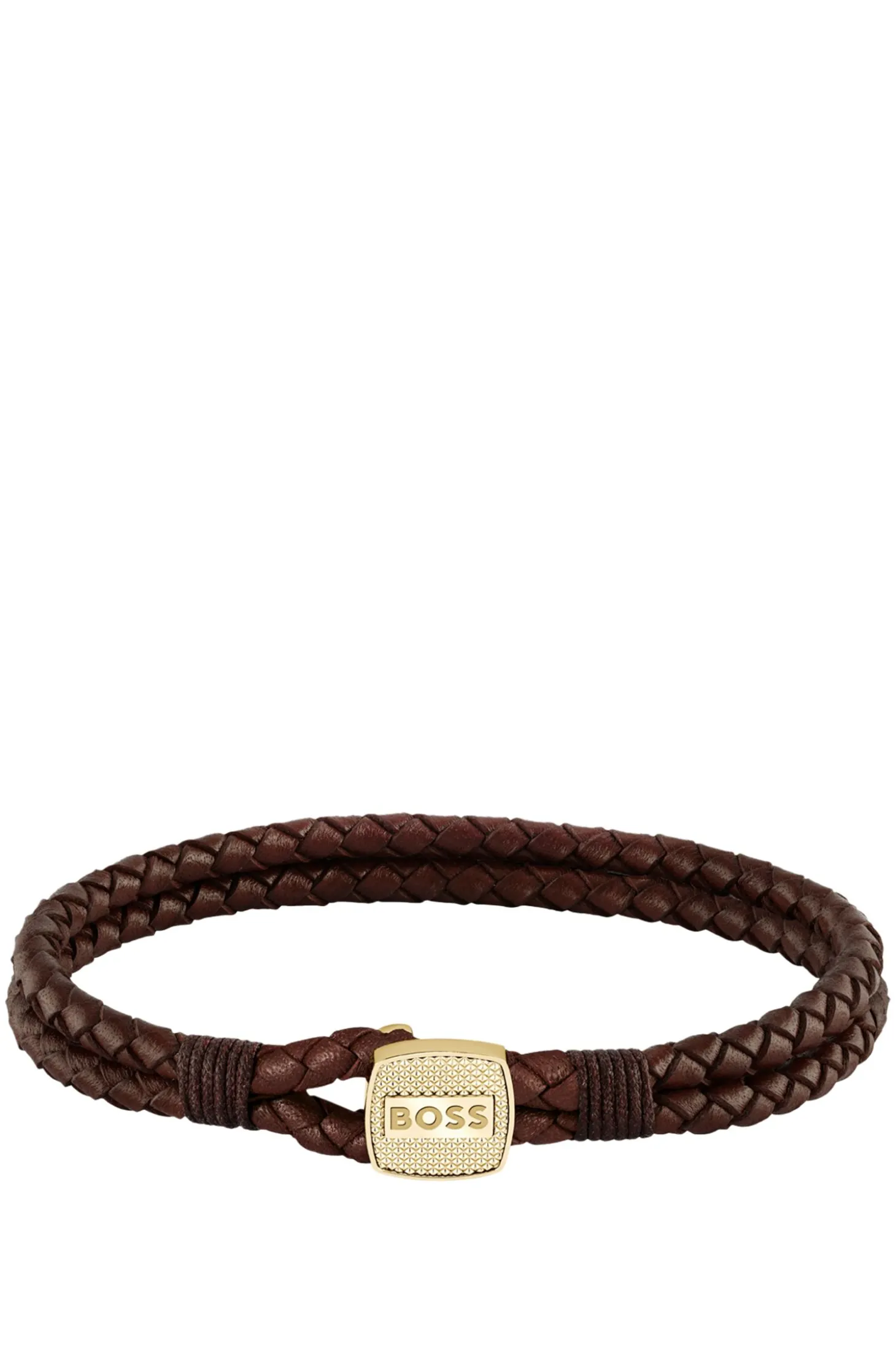 Brown braided-leather cuff with gold-tone closure