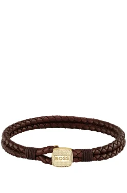 Brown braided-leather cuff with gold-tone closure