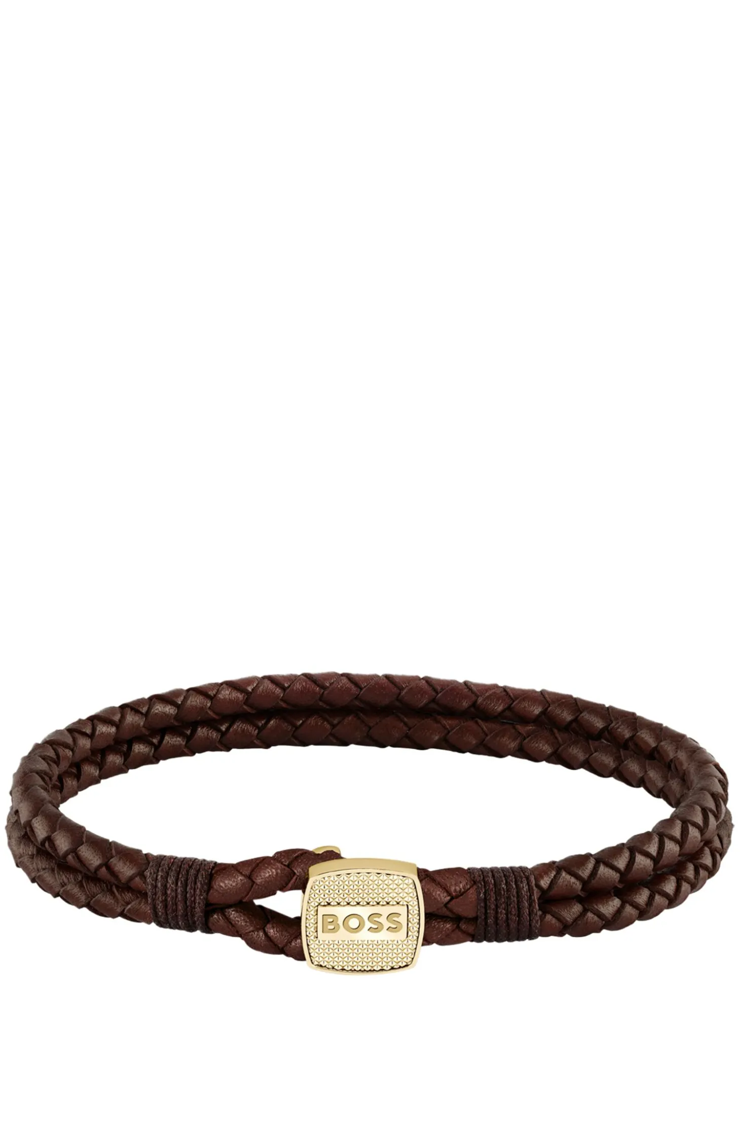 Brown braided-leather cuff with gold-tone closure