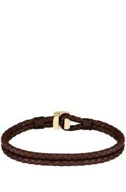 Brown braided-leather cuff with gold-tone closure
