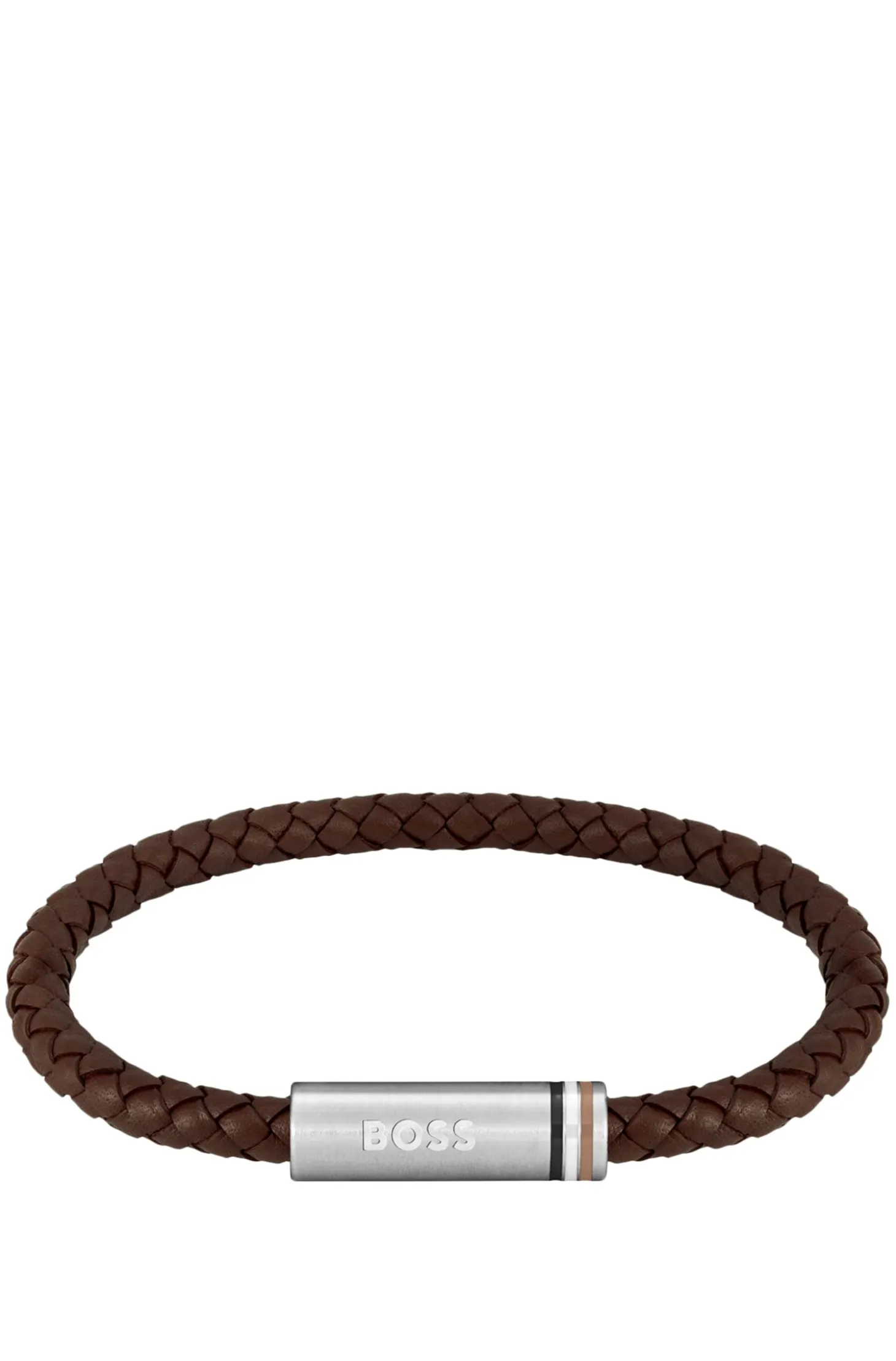 Brown braided-leather cuff with magnetic logo closure