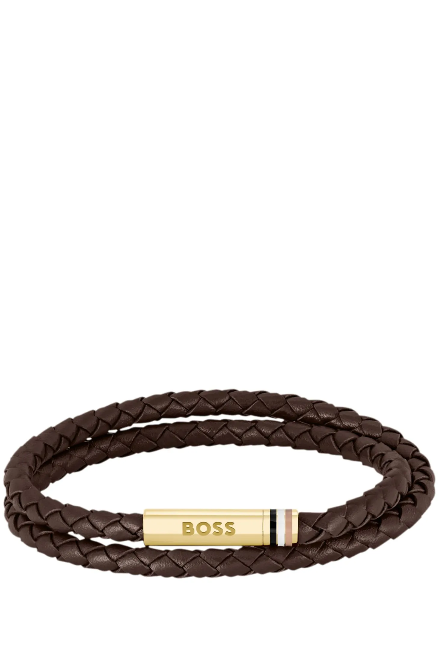 Brown braided-leather cuff with logo closure