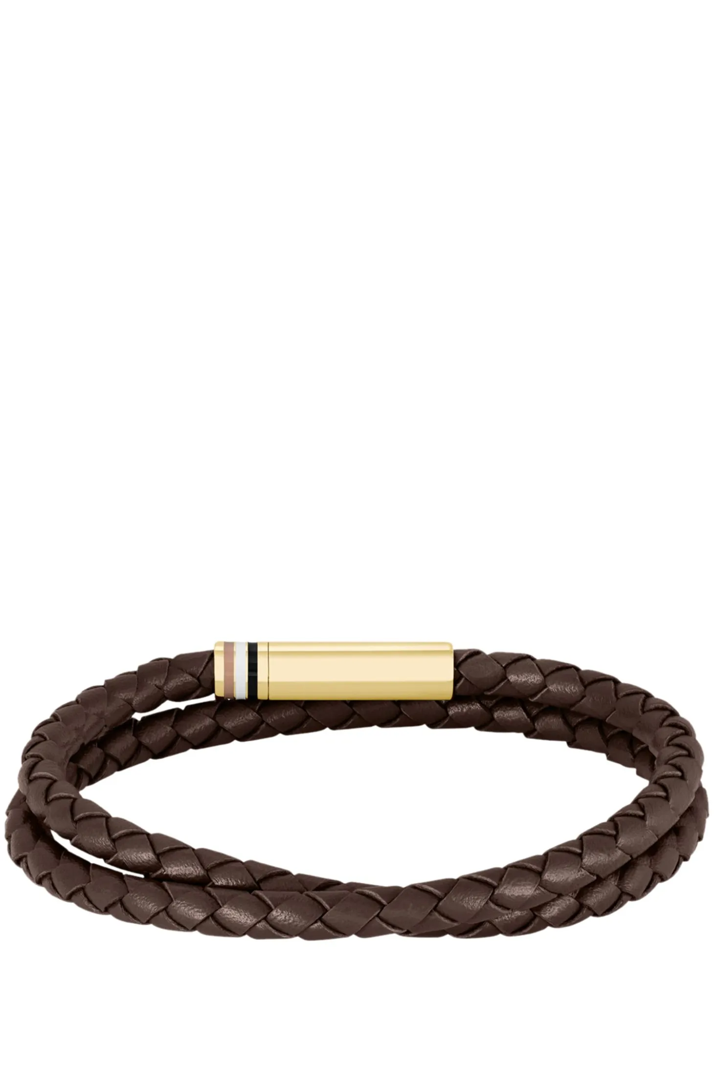 Brown braided-leather cuff with logo closure