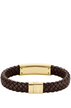 Brown braided-leather cuff with gold-tone logo plate