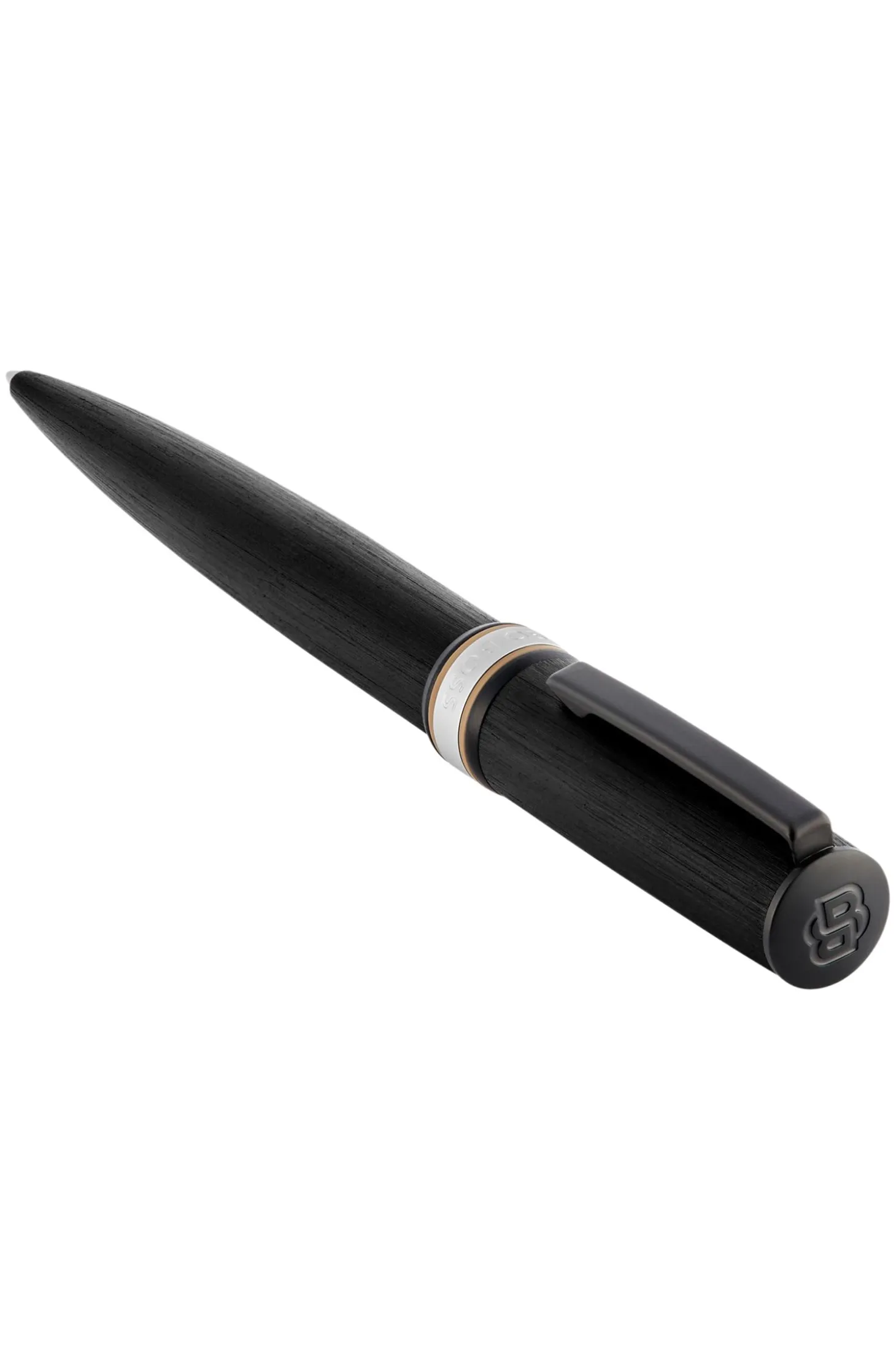 Brushed black ballpoint pen with signature-stripe ring