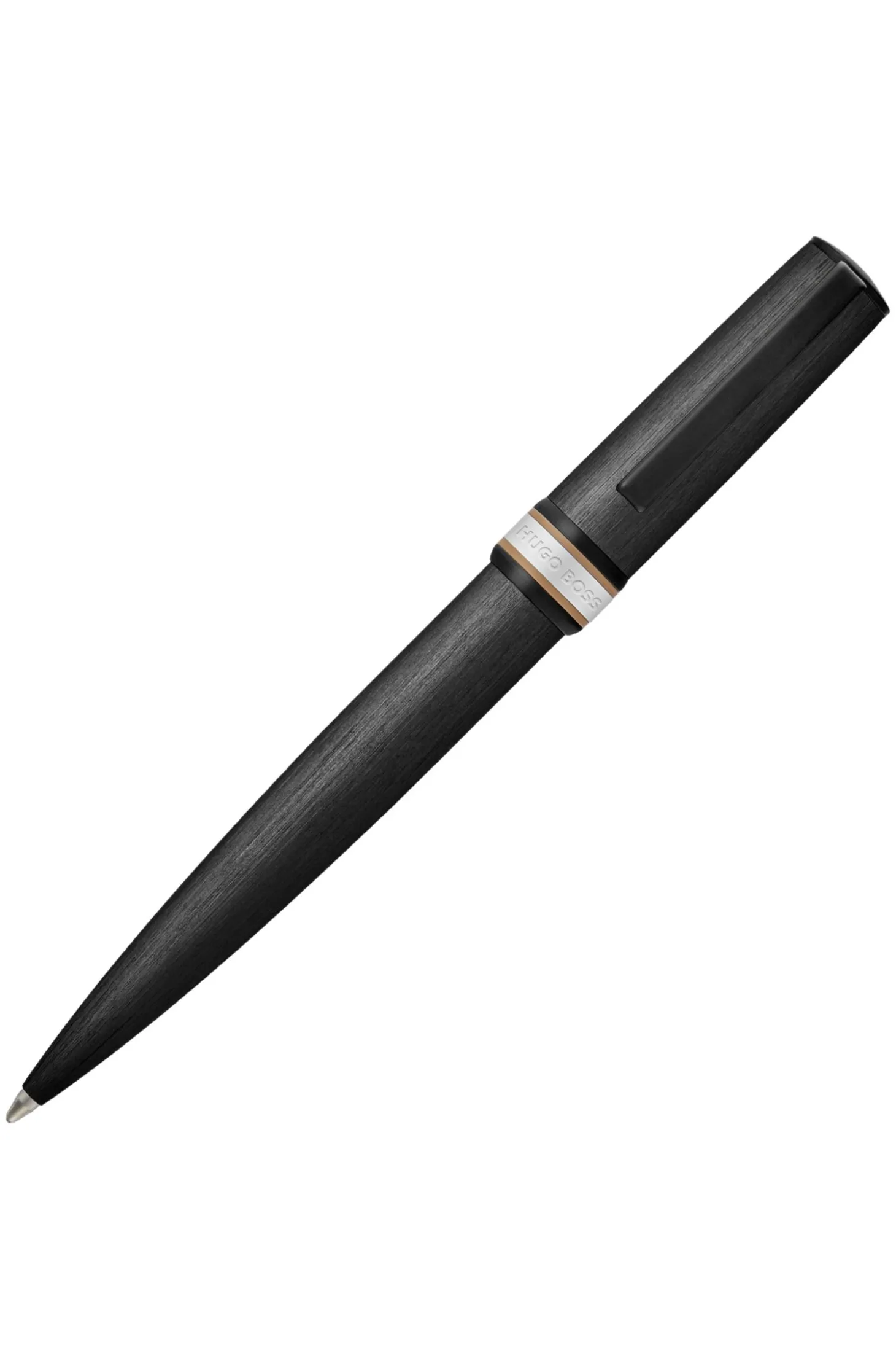 Brushed black ballpoint pen with signature-stripe ring