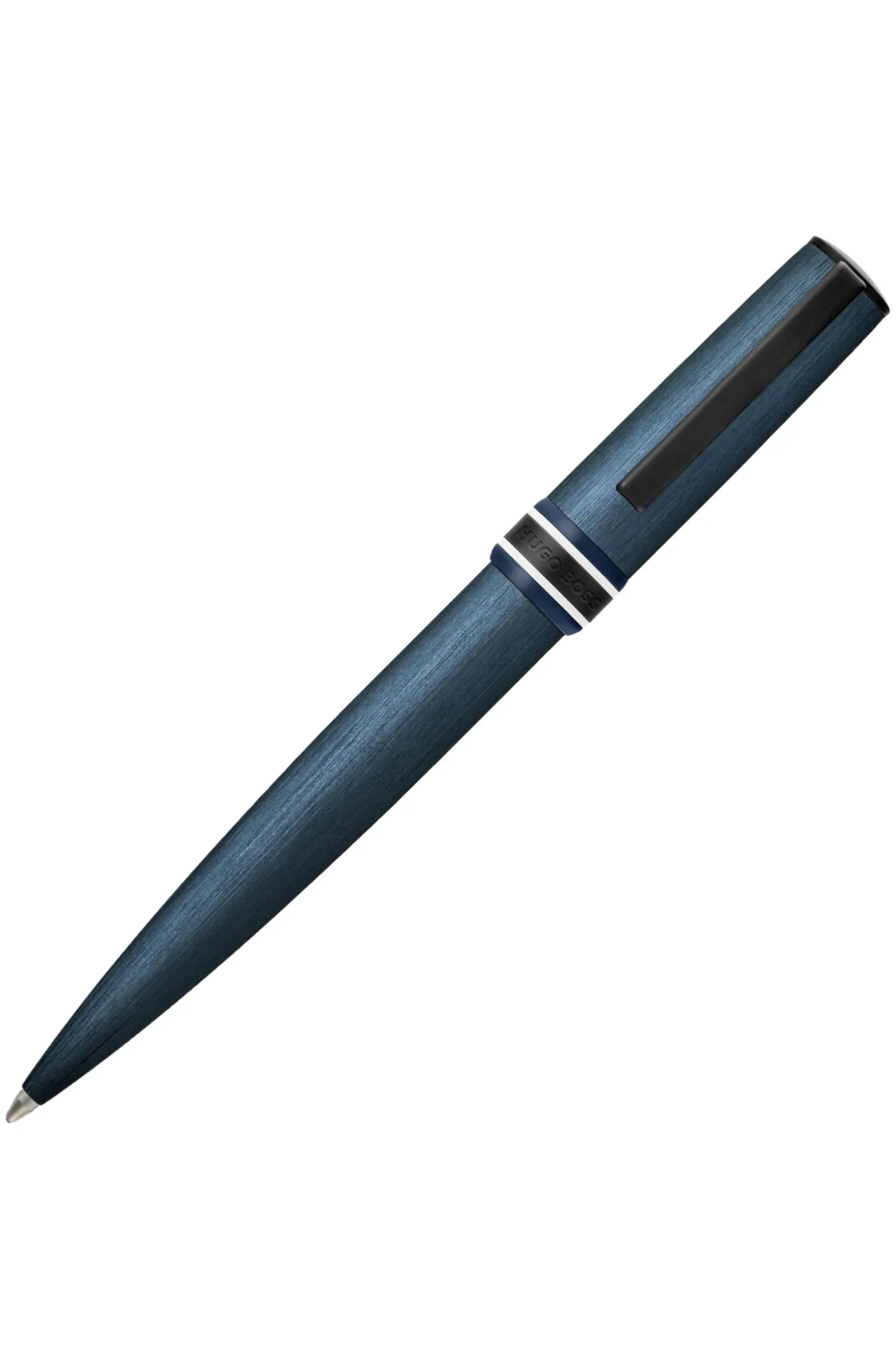 Brushed navy ballpoint pen with striped ring