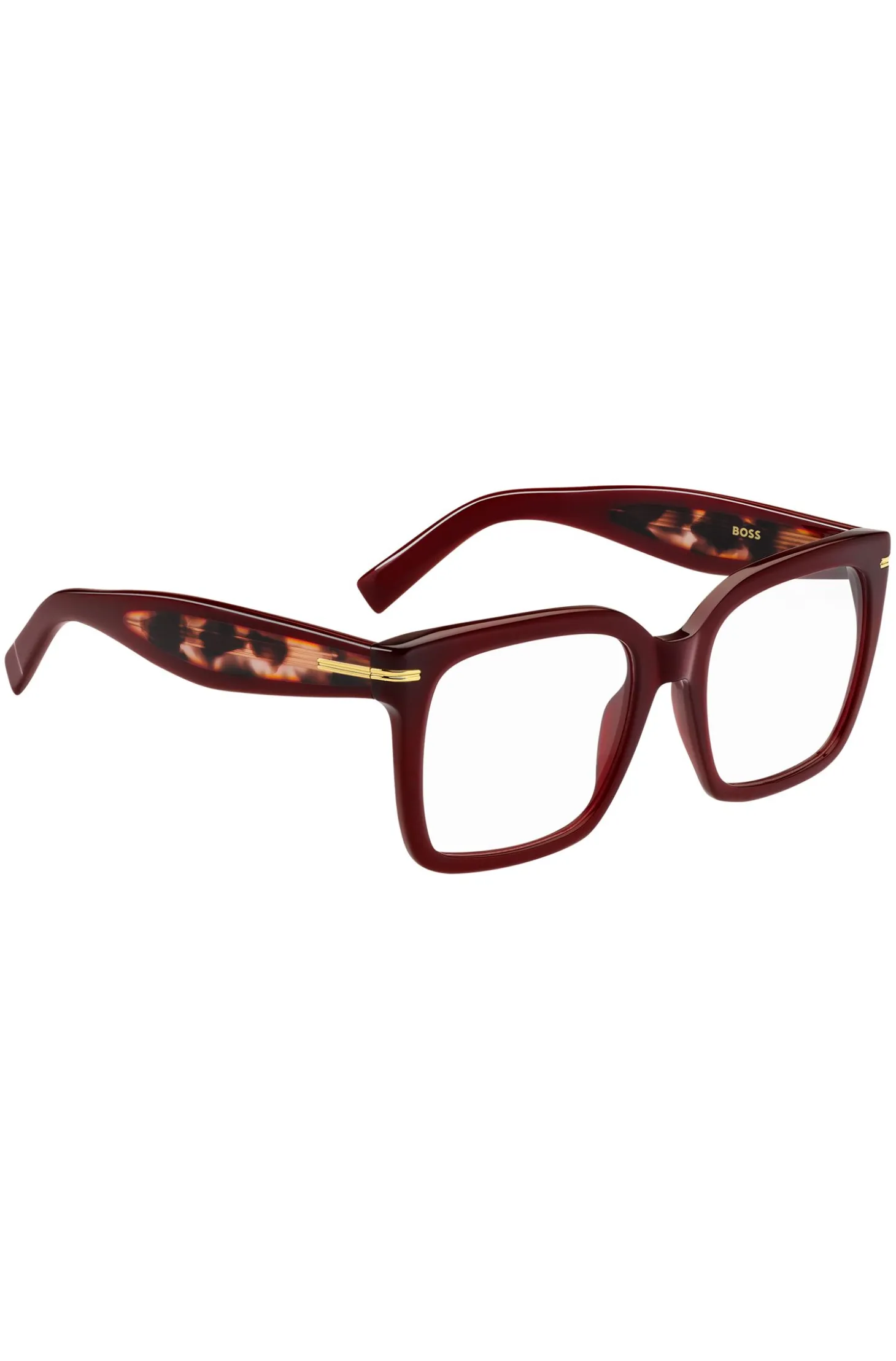 Burgundy-acetate optical frames with gold-tone hinges