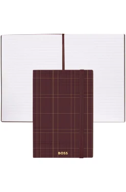 Burgundy check-print A5 notebook with gold-tone logo