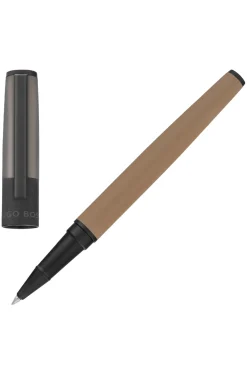 Camel-barrel rollerball pen with logo cap