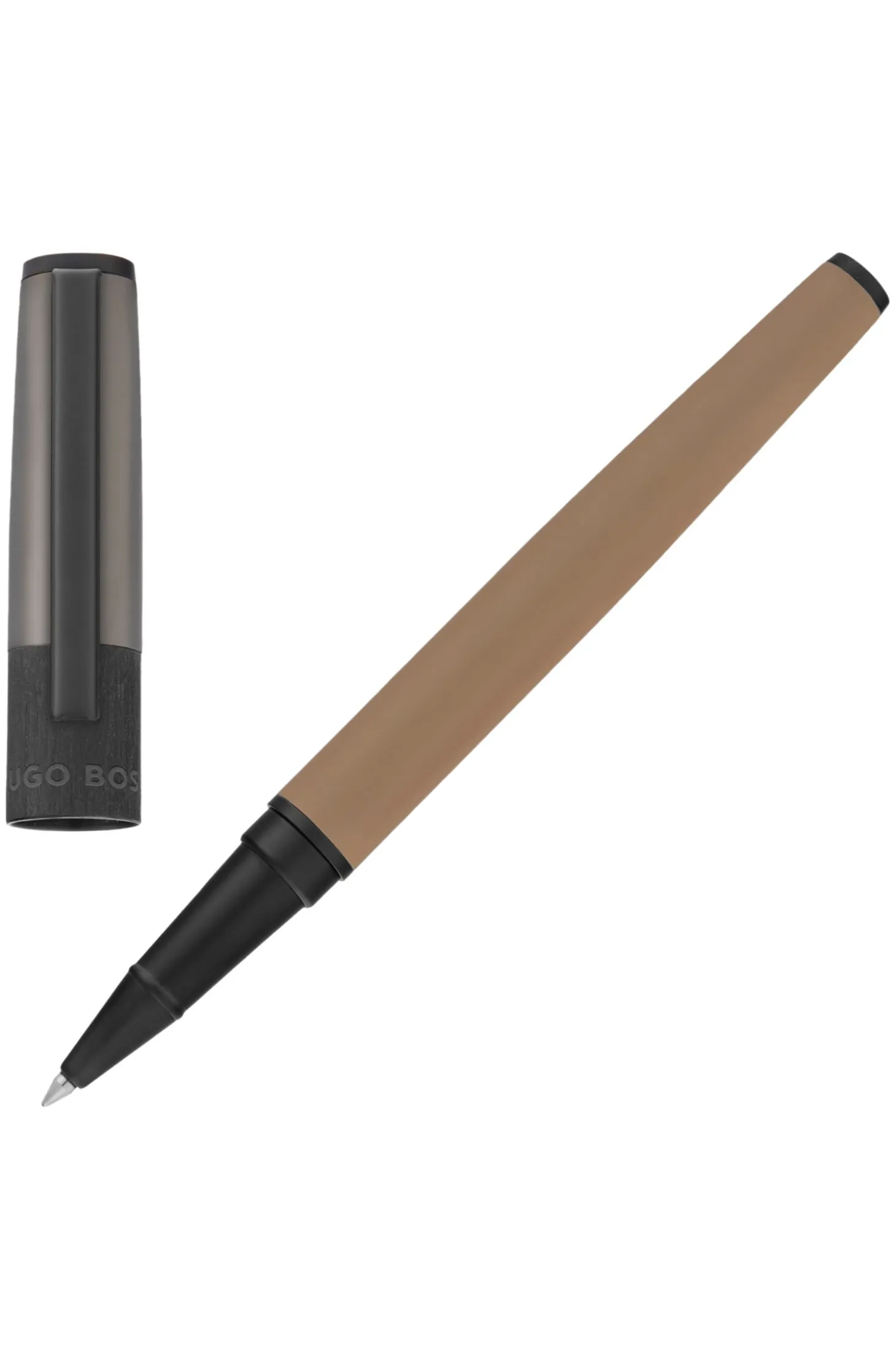 Camel-barrel rollerball pen with logo cap