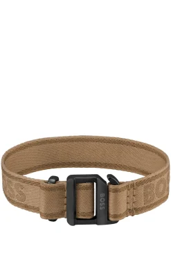 Camel-coloured woven logo-strap cuff with adjustable buckle