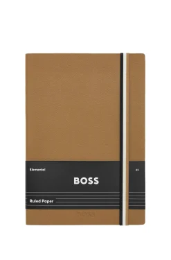 Camel faux-leather A5 notebook with signature-stripe strap