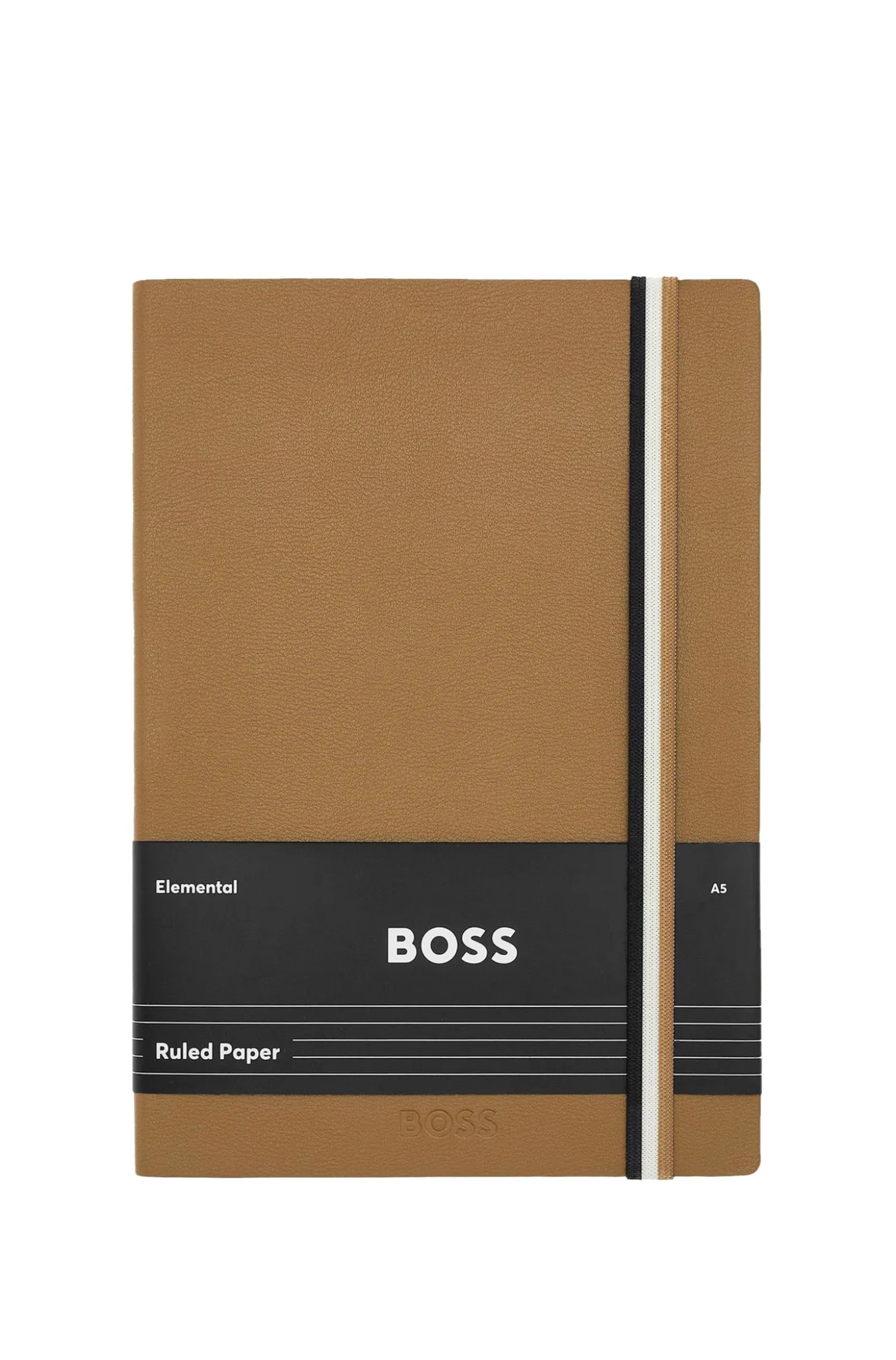 Camel faux-leather A5 notebook with signature-stripe strap