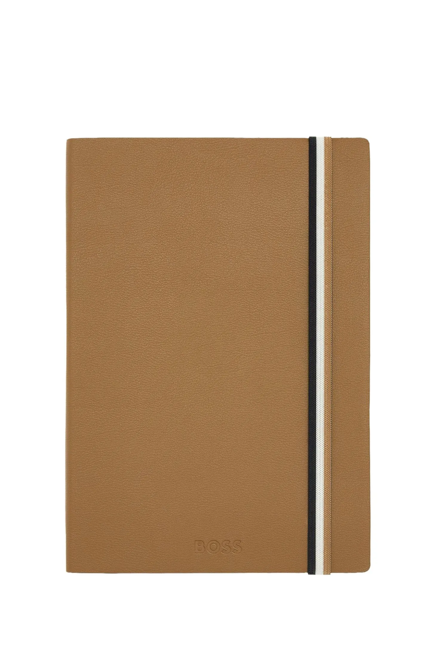 Camel faux-leather A5 notebook with signature-stripe strap