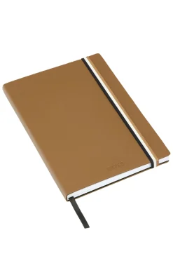Camel faux-leather A5 notebook with signature-stripe strap