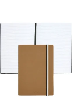 Camel faux-leather A5 notebook with signature-stripe strap
