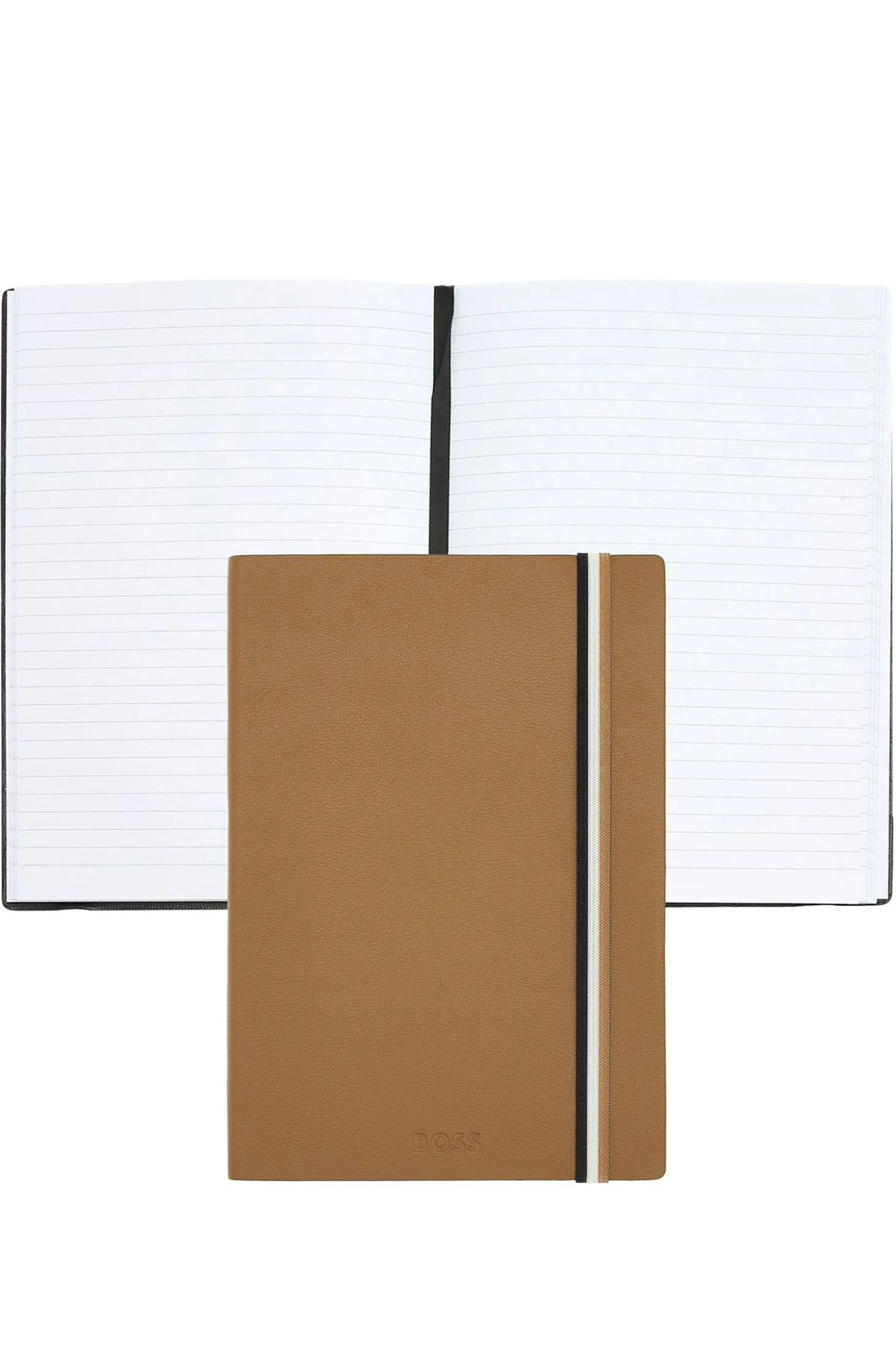 Camel faux-leather A5 notebook with signature-stripe strap