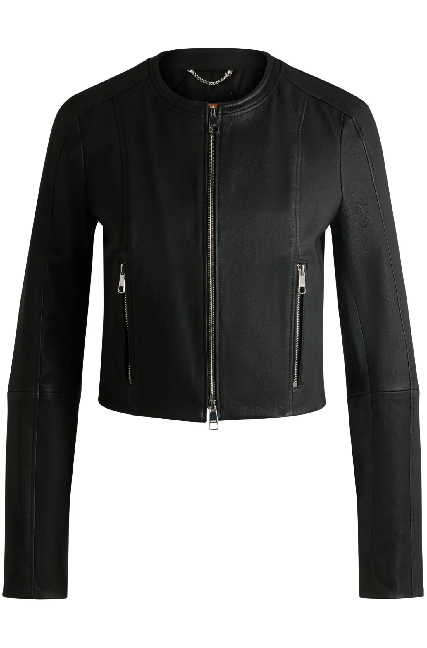 Collarless leather jacket in a slim fit