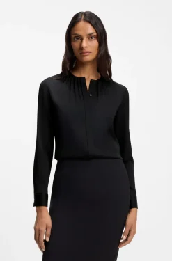 Collarless regular-fit blouse in stretch silk
