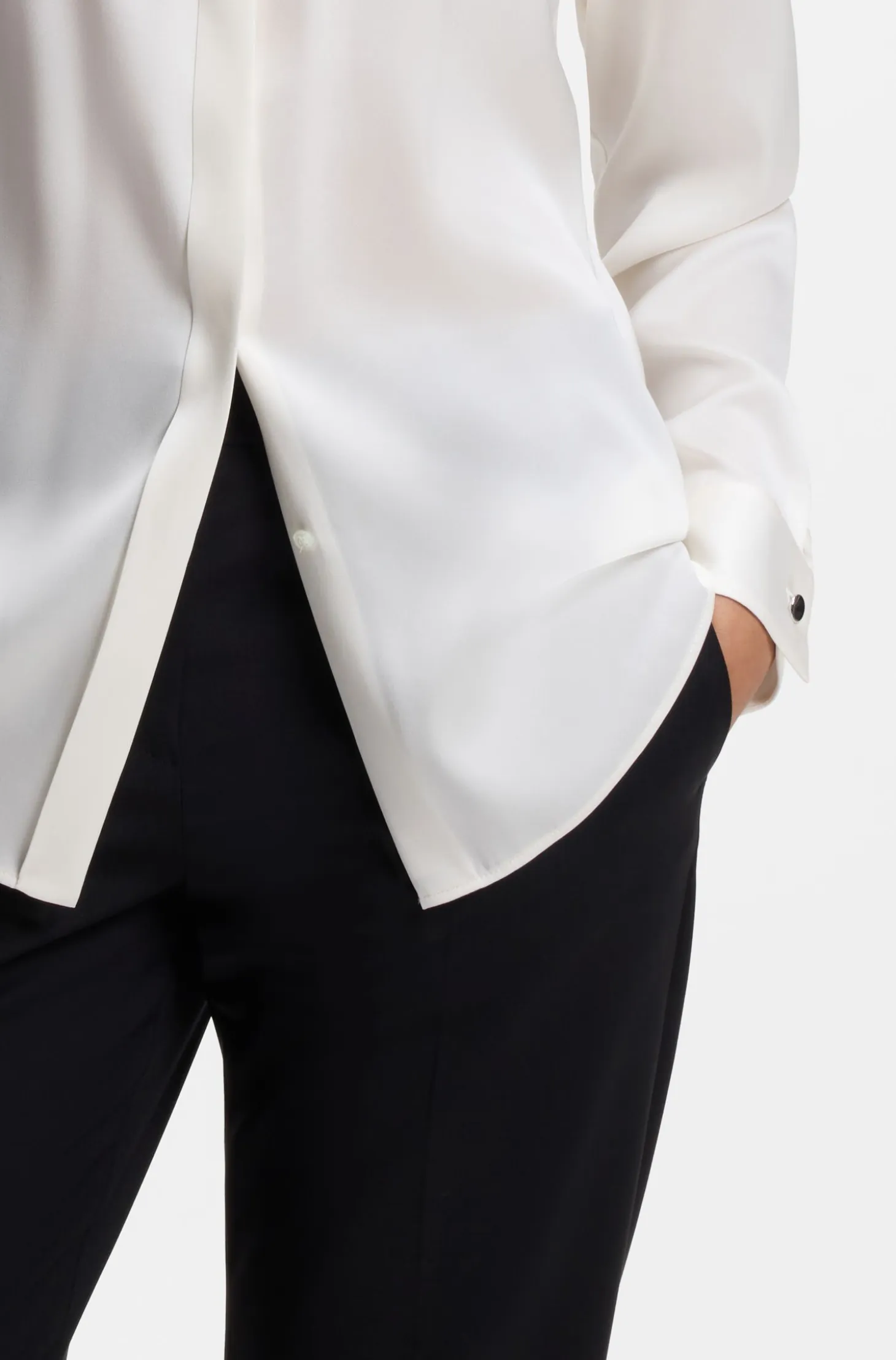 Collarless regular-fit blouse in stretch silk