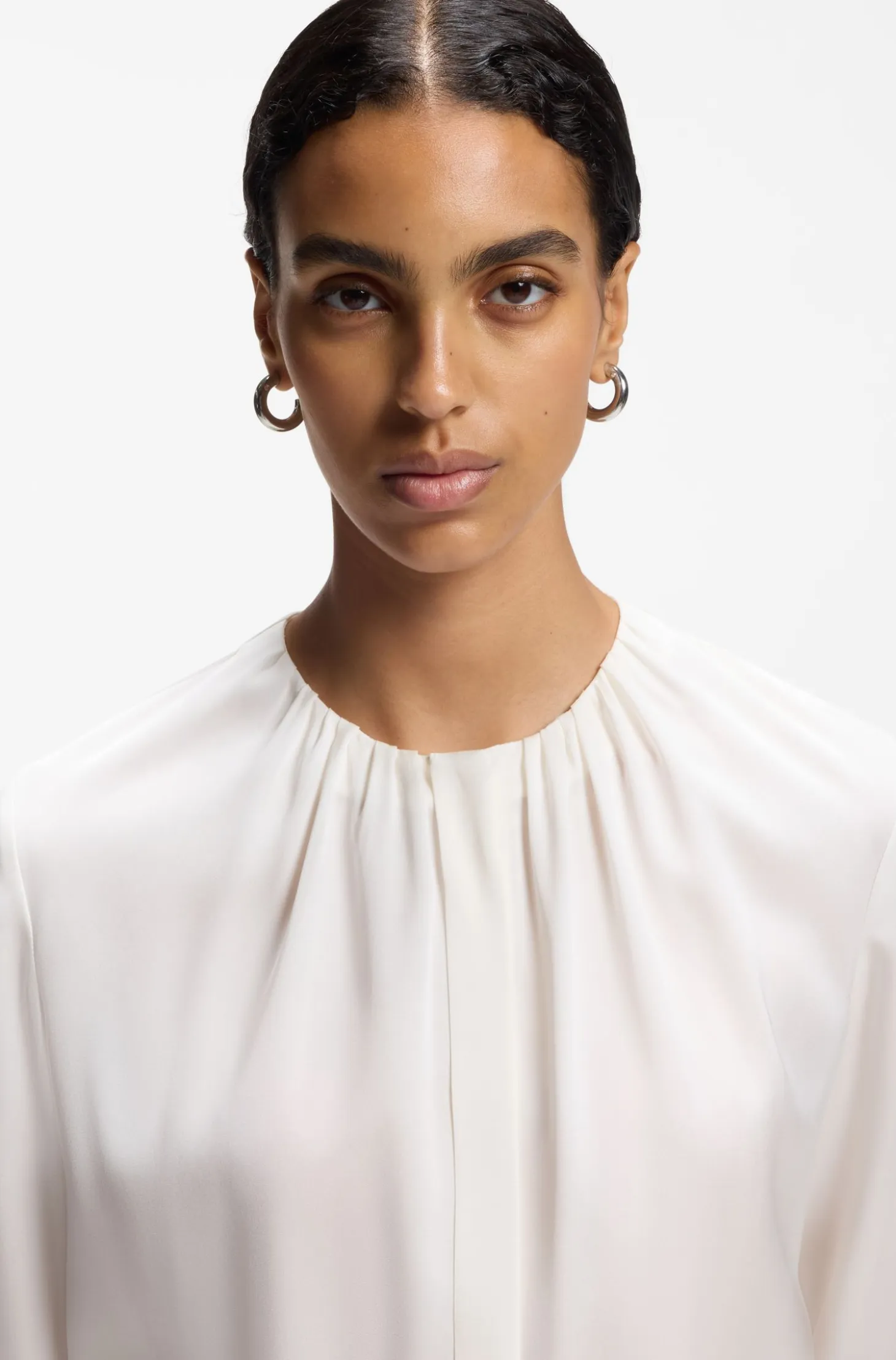 Collarless regular-fit blouse in stretch silk