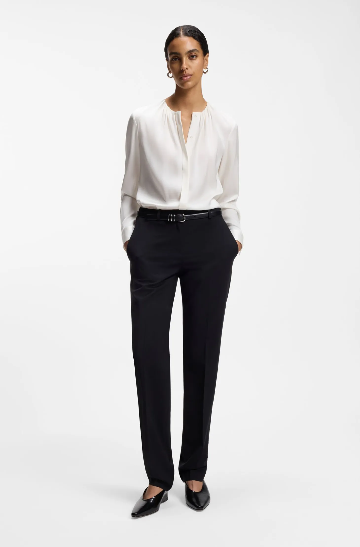Collarless regular-fit blouse in stretch silk