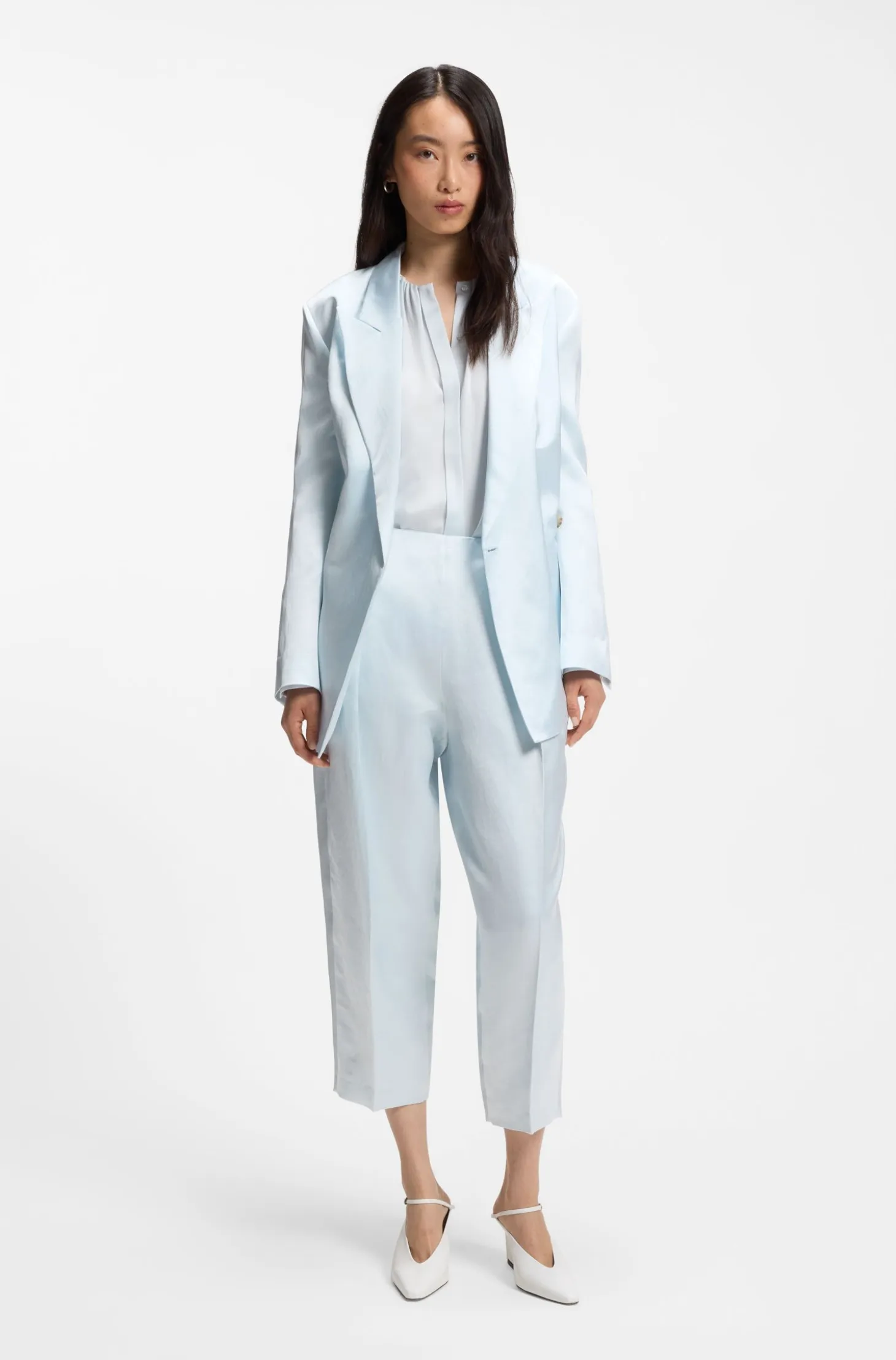 Collarless regular-fit blouse in stretch silk