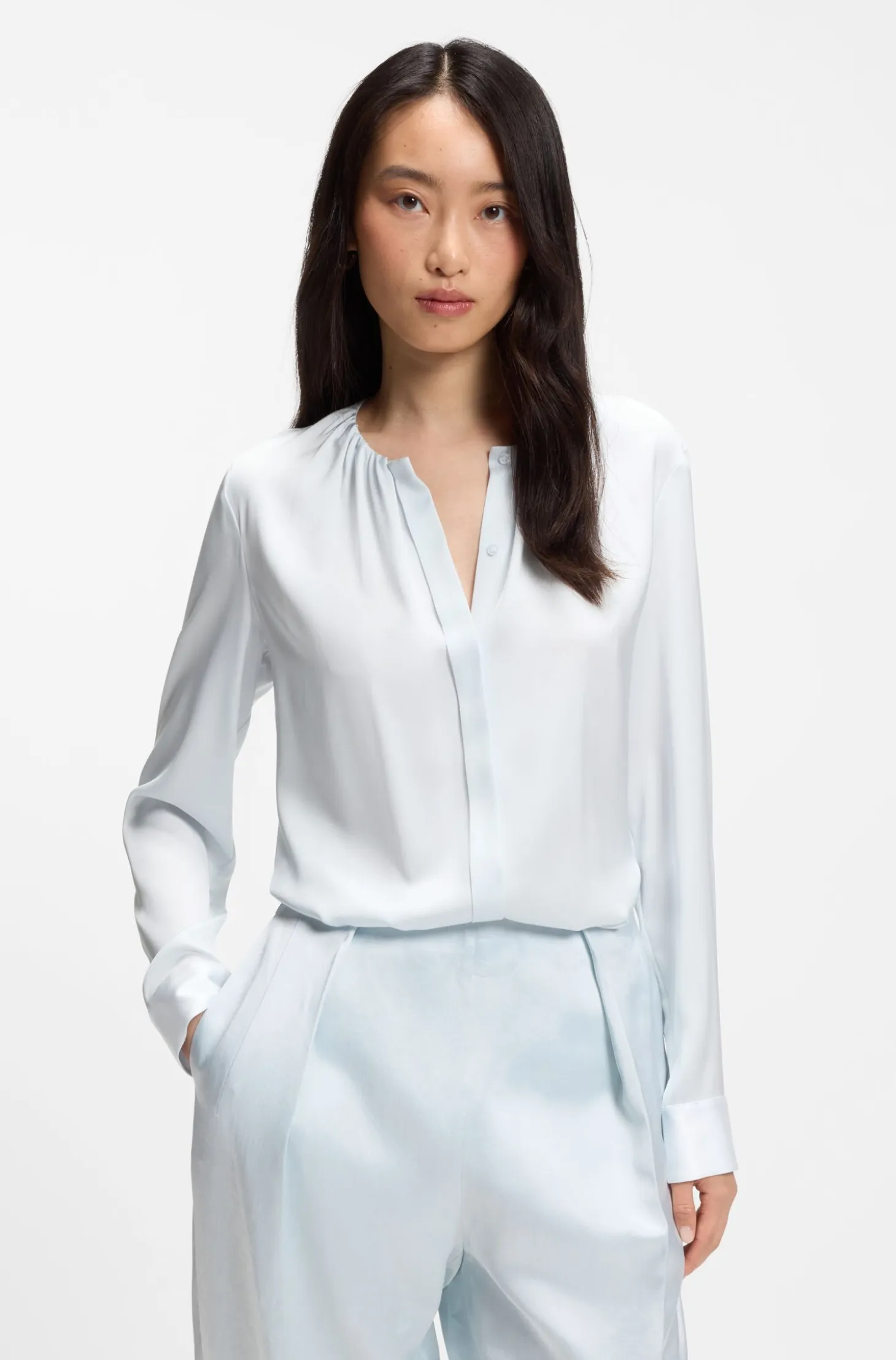 Collarless regular-fit blouse in stretch silk