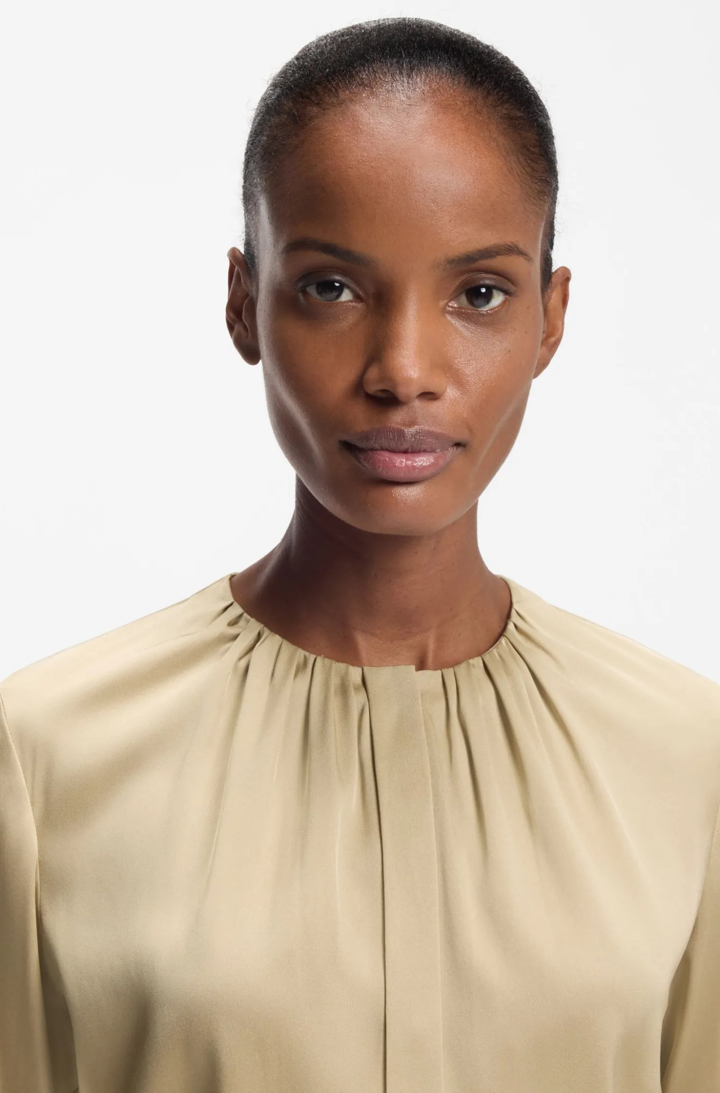 Collarless regular-fit blouse in stretch silk