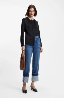 Collarless regular-fit blouse in stretch silk