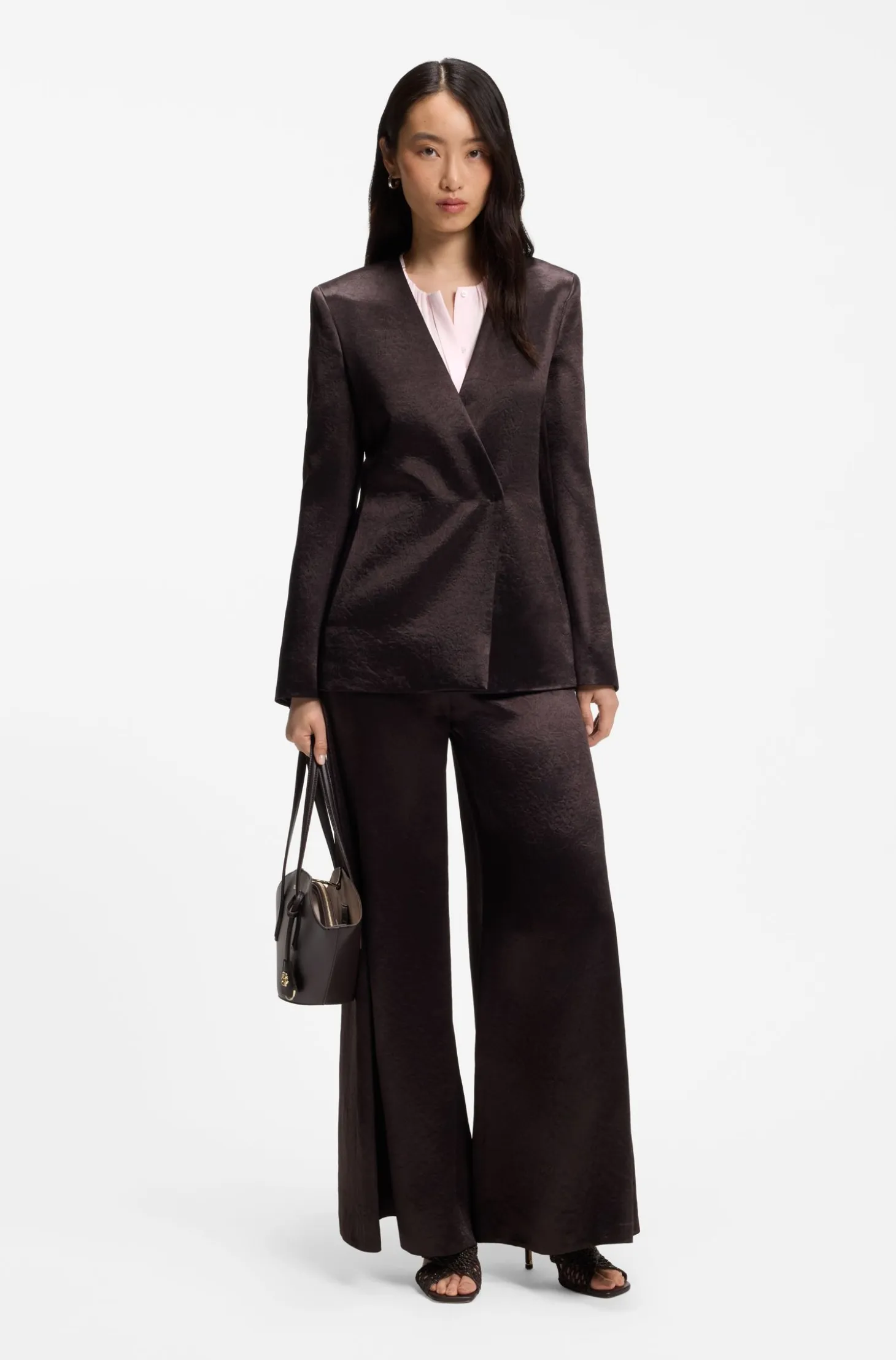 Collarless regular-fit blouse in stretch silk