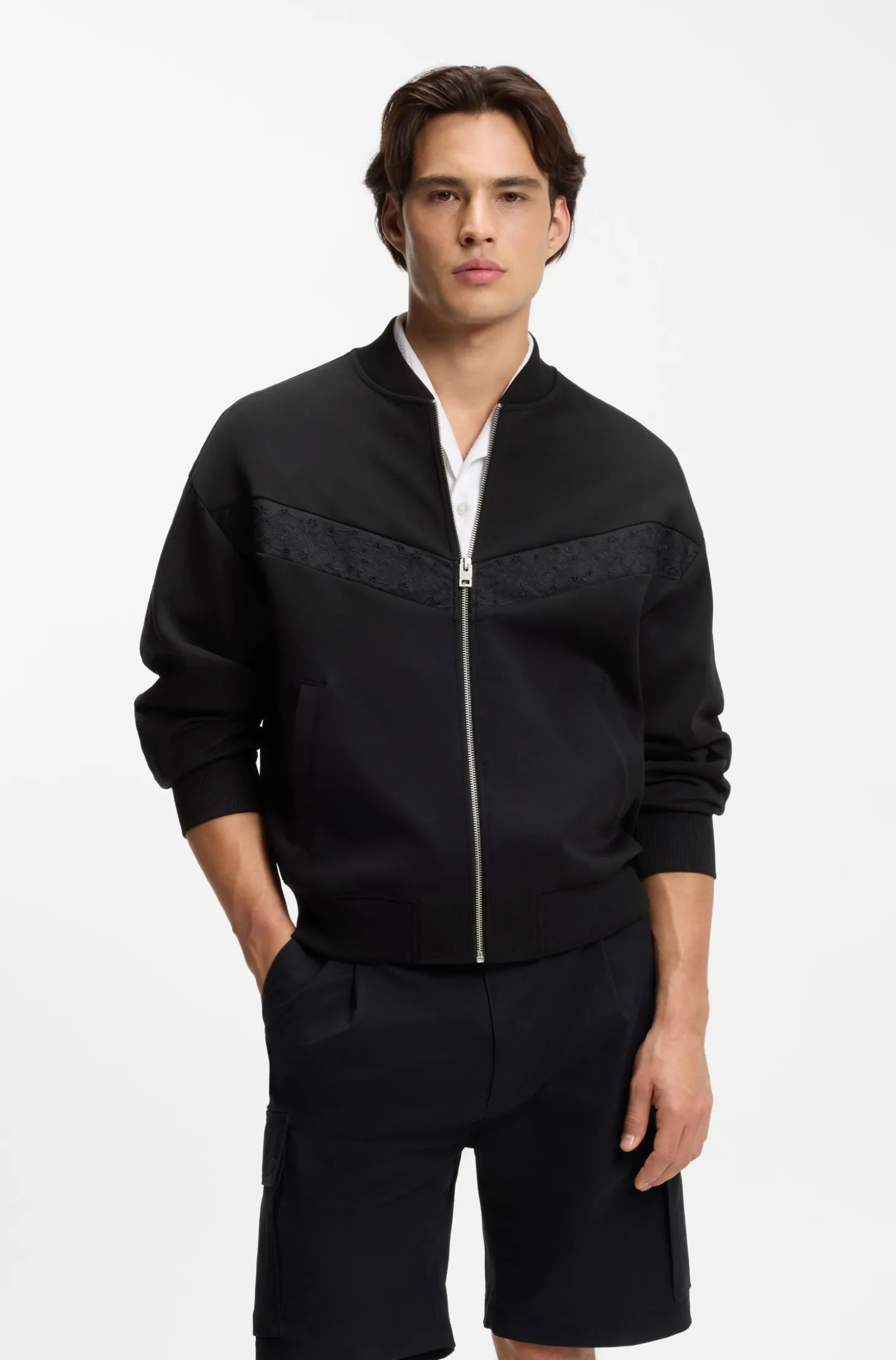 Cotton-blend jacket with broderie stripes