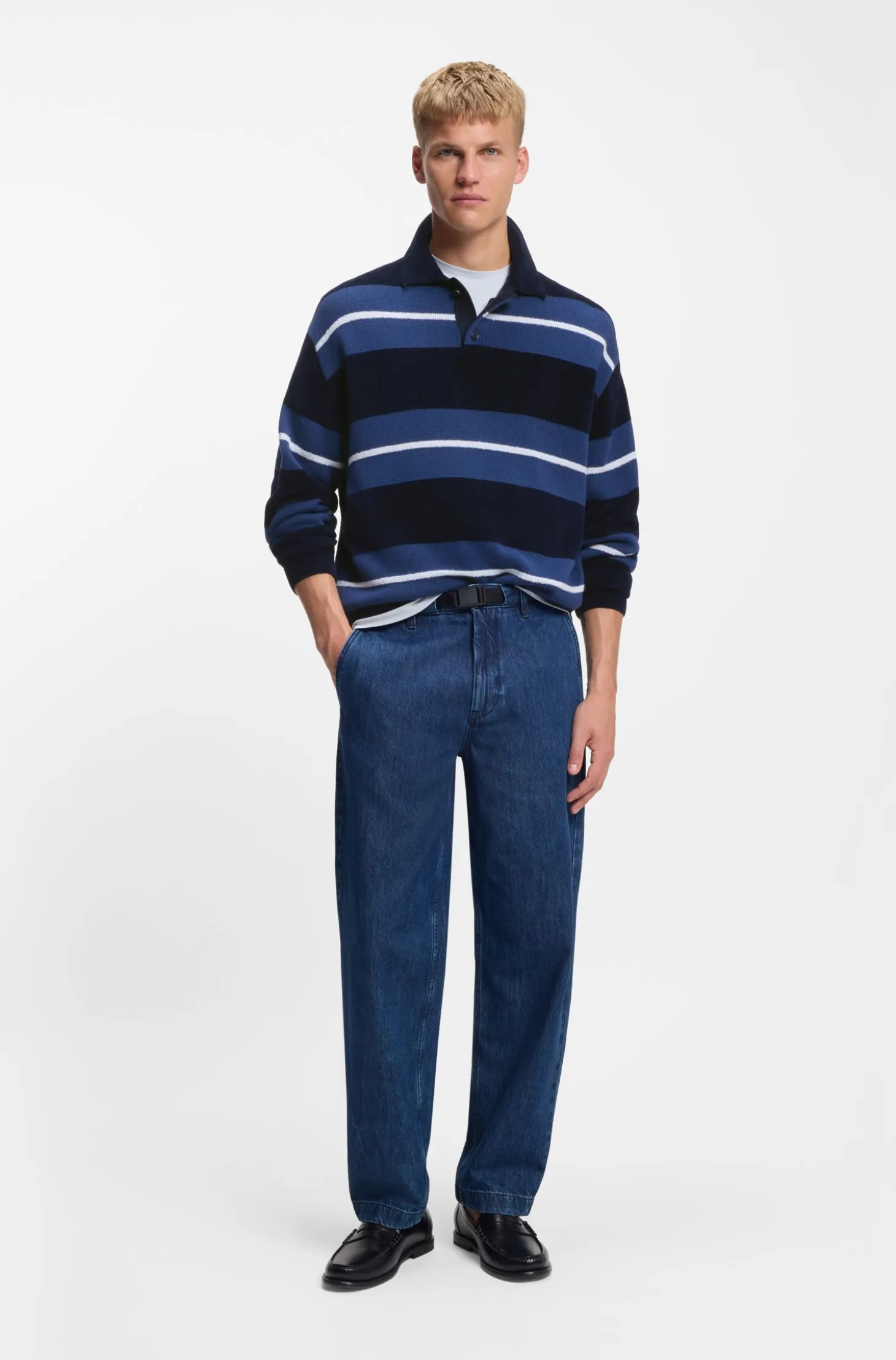Cotton-blend knit polo with block stripes