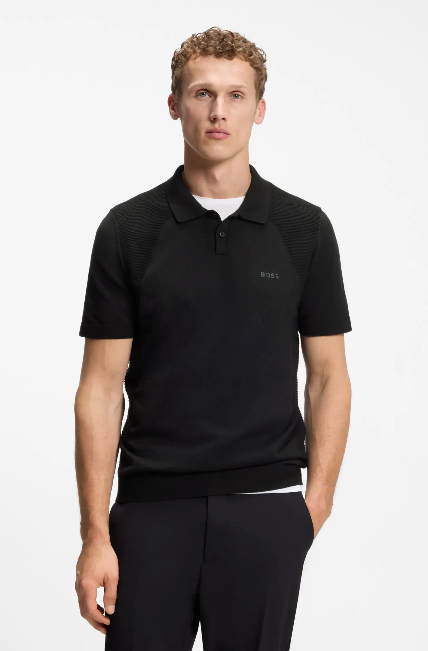 Cotton-blend knit polo with bodymapping structure