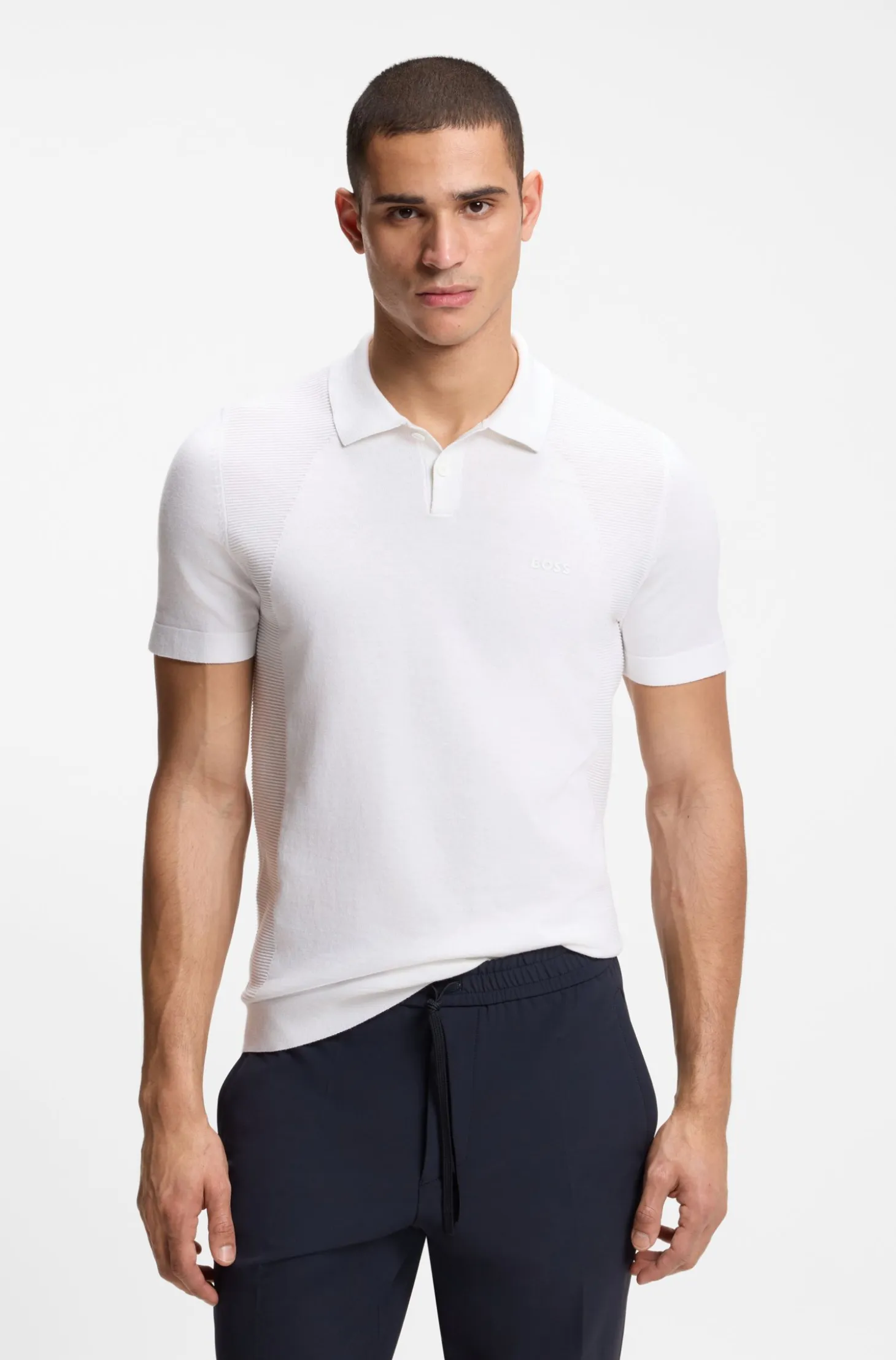 Cotton-blend knit polo with bodymapping structure