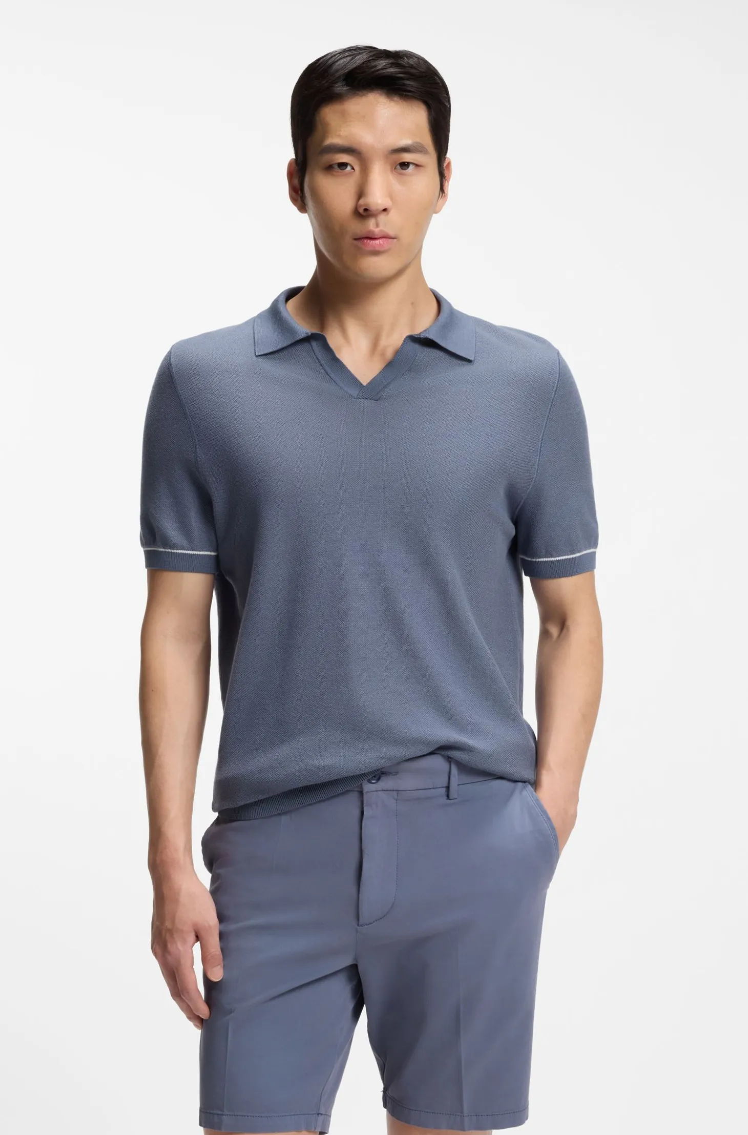 Cotton-blend knit polo with horizontal stripe