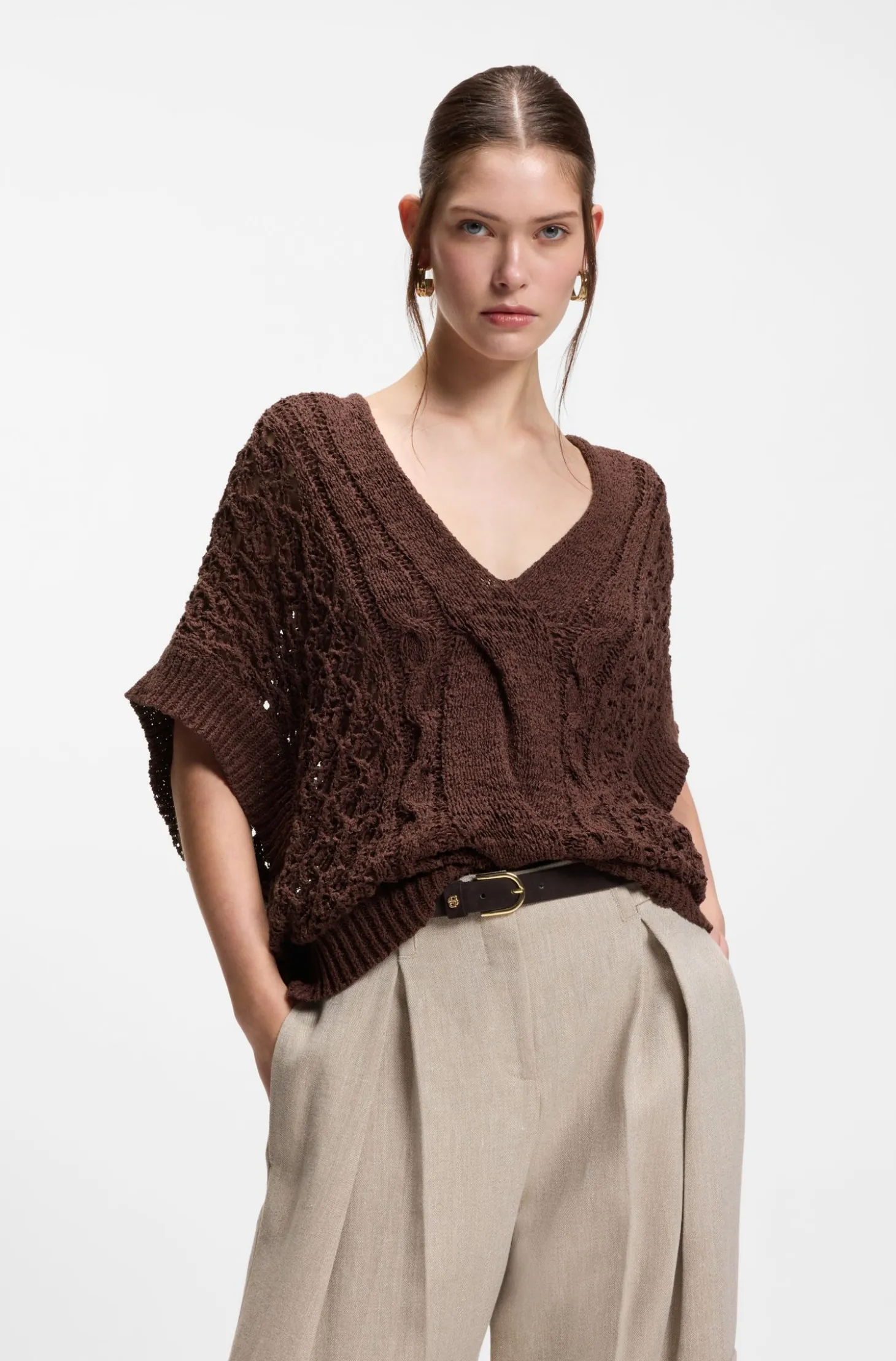 Cotton-blend knitted top with cable detailing