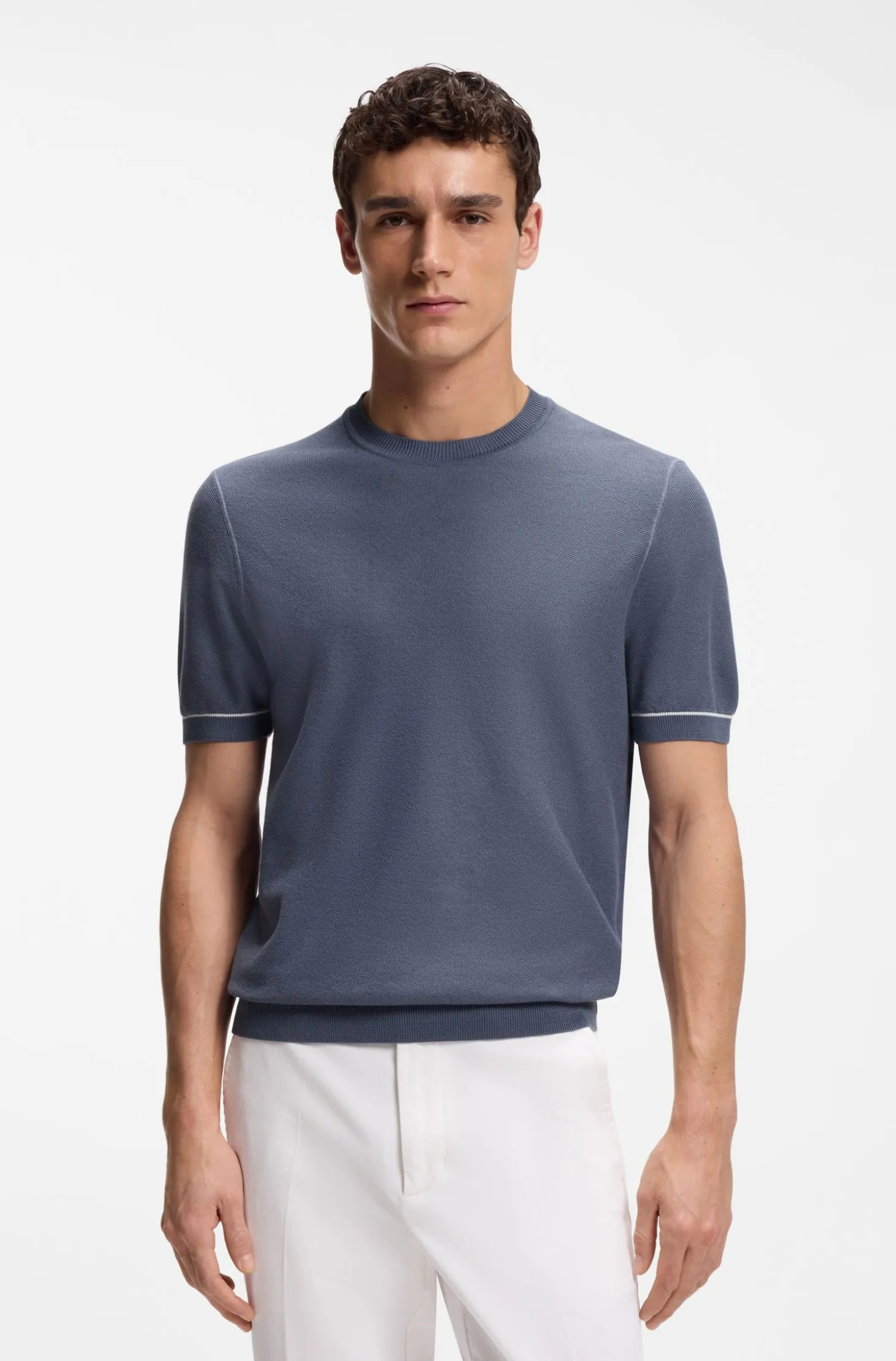 Cotton-blend knit T-shirt with horizontal stripe