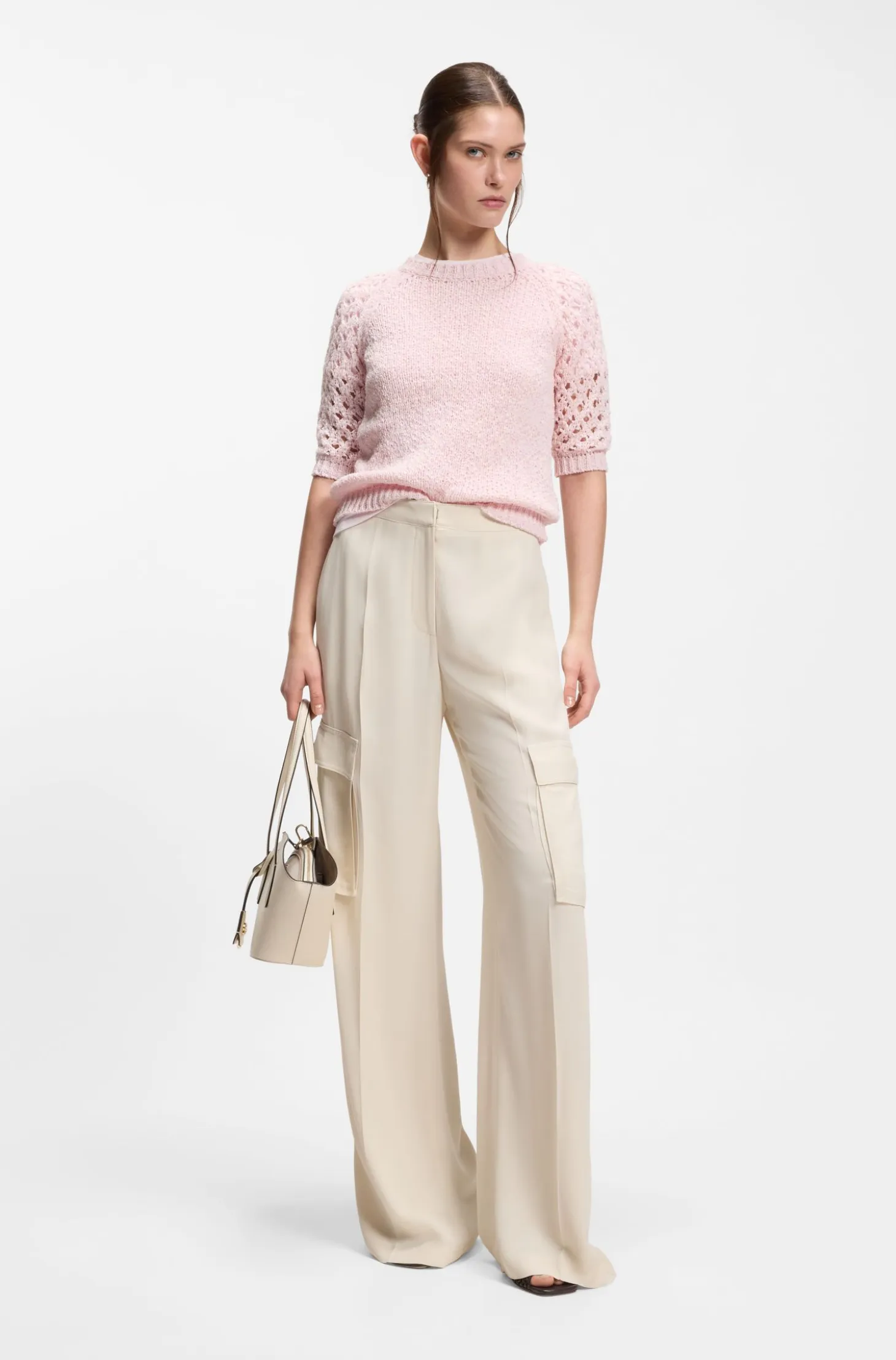 Cotton-blend sweater with open-knit sleeves