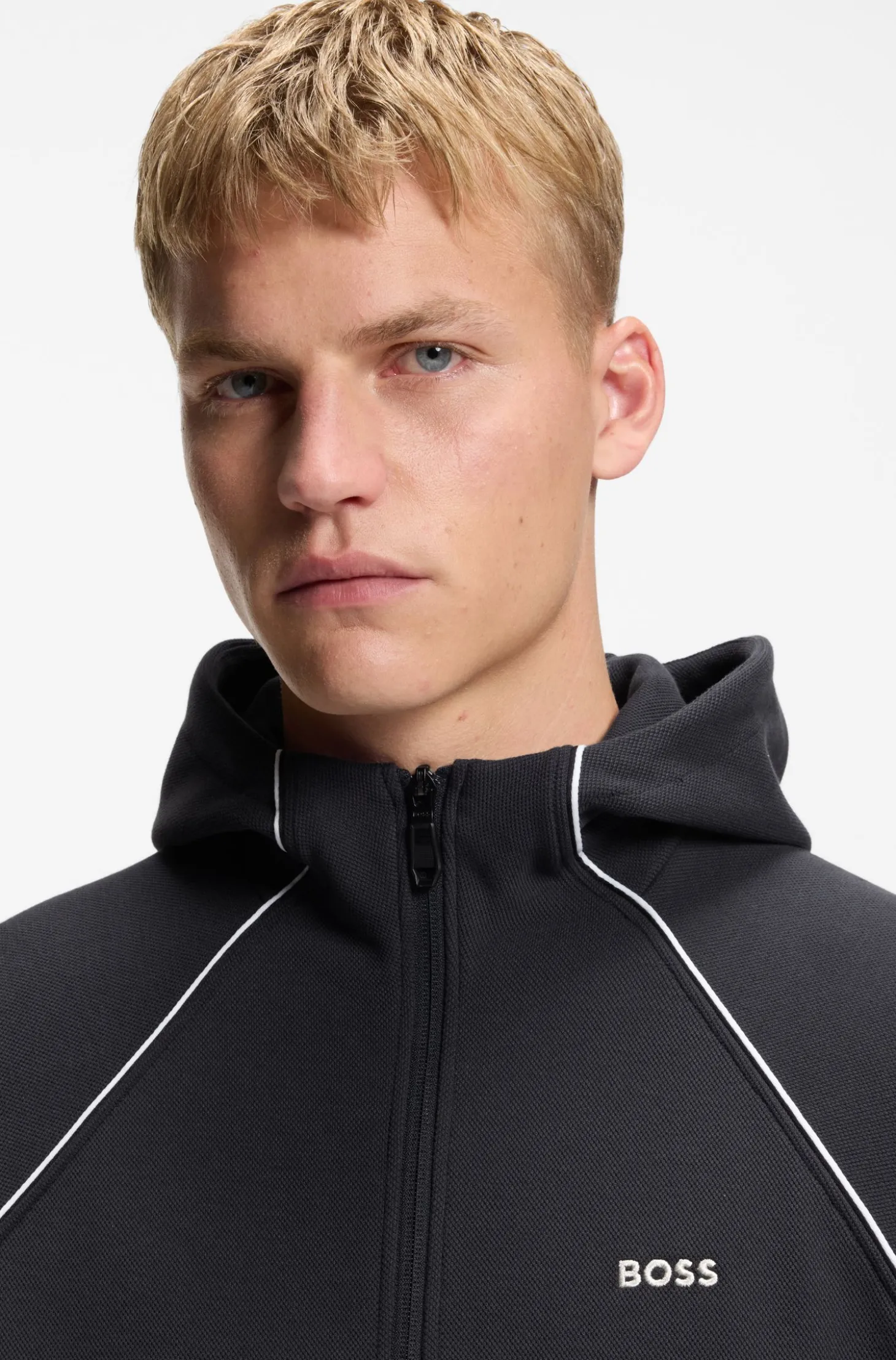 Cotton-blend zip-up hoodie with piping details