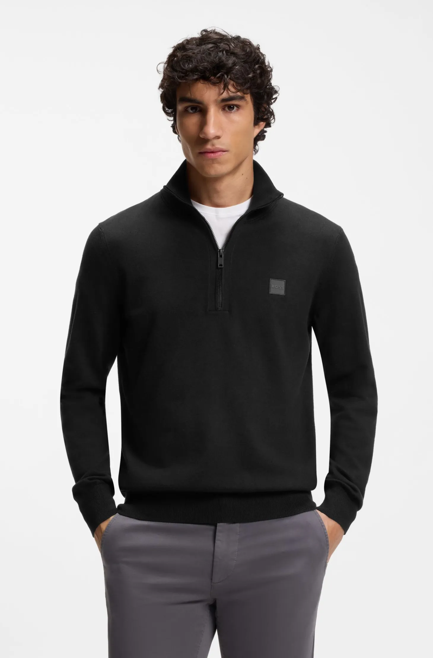 Cotton-cashmere sweater with zip collar