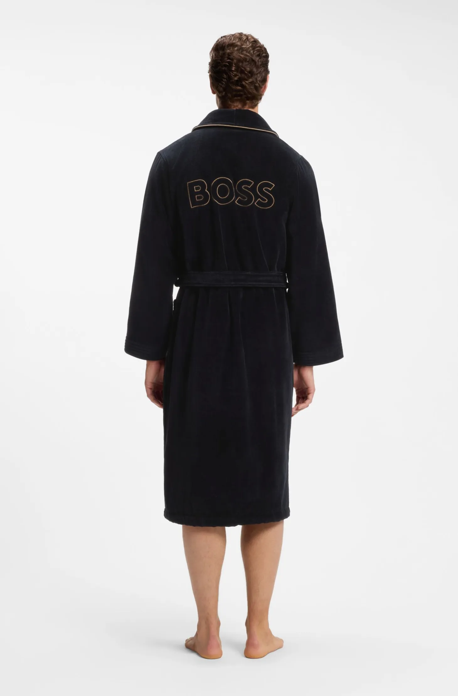 Cotton dressing gown with piping and embroidered branding