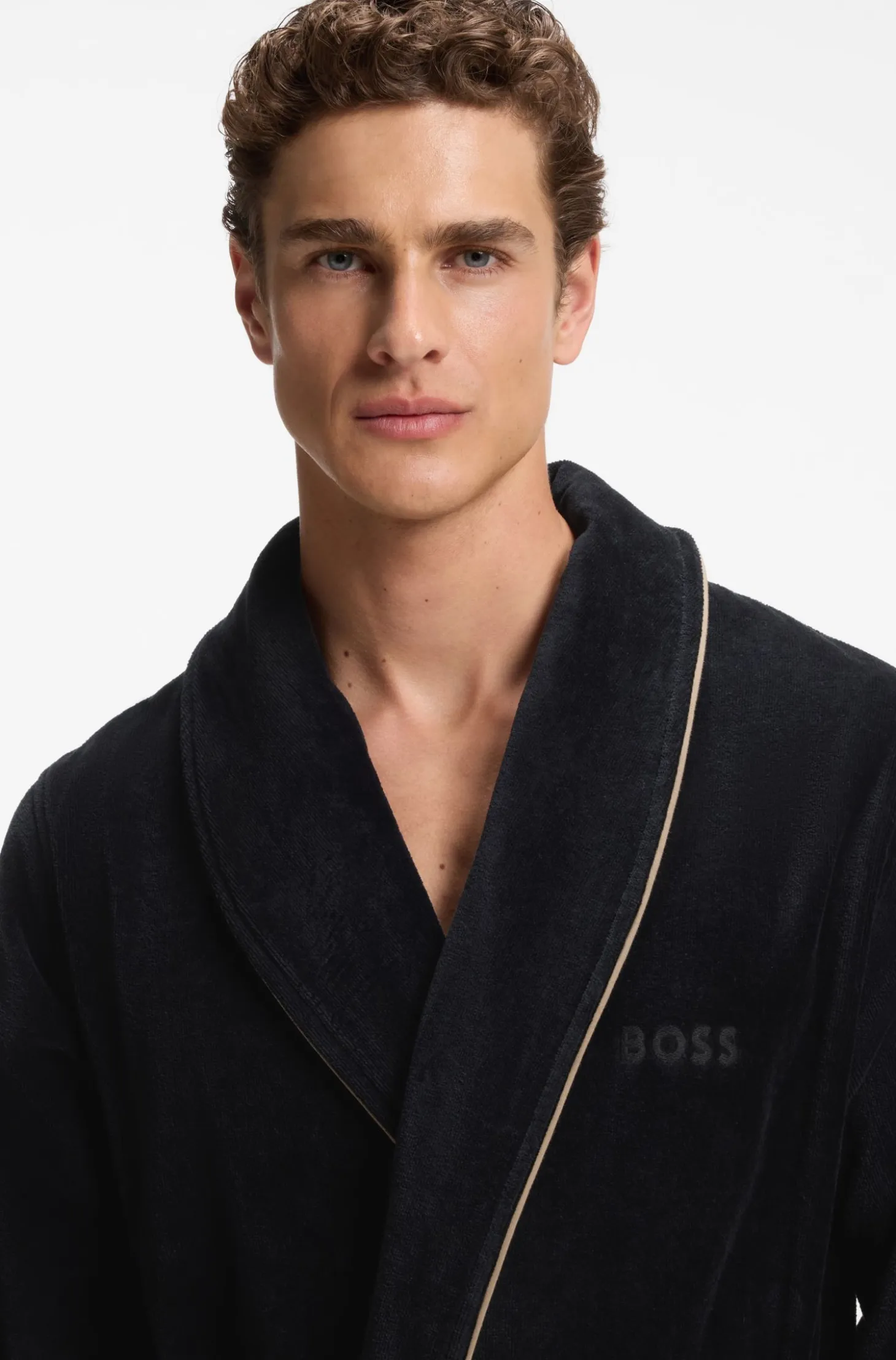 Cotton dressing gown with piping and embroidered branding