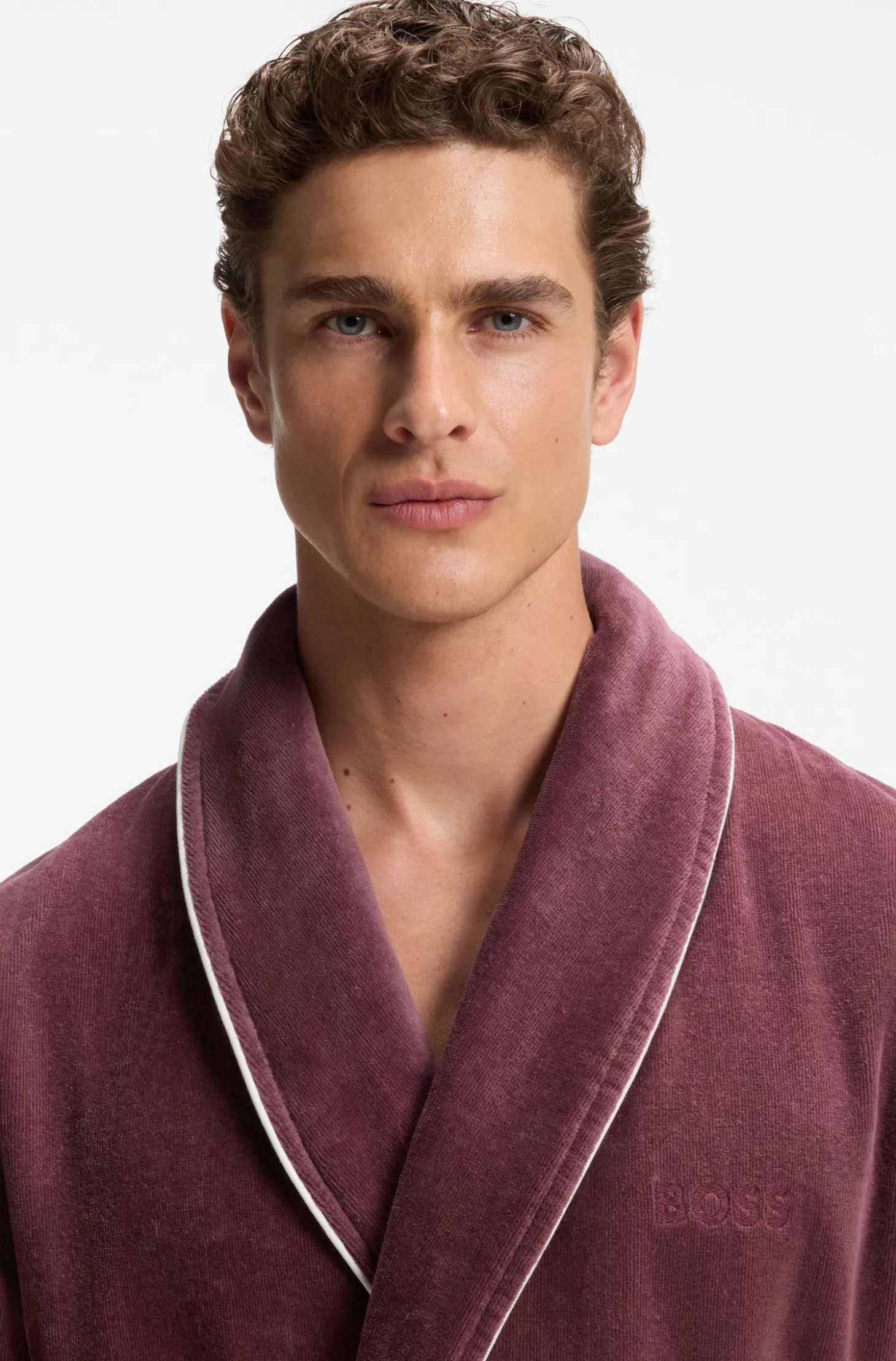 Cotton dressing gown with piping and embroidered branding