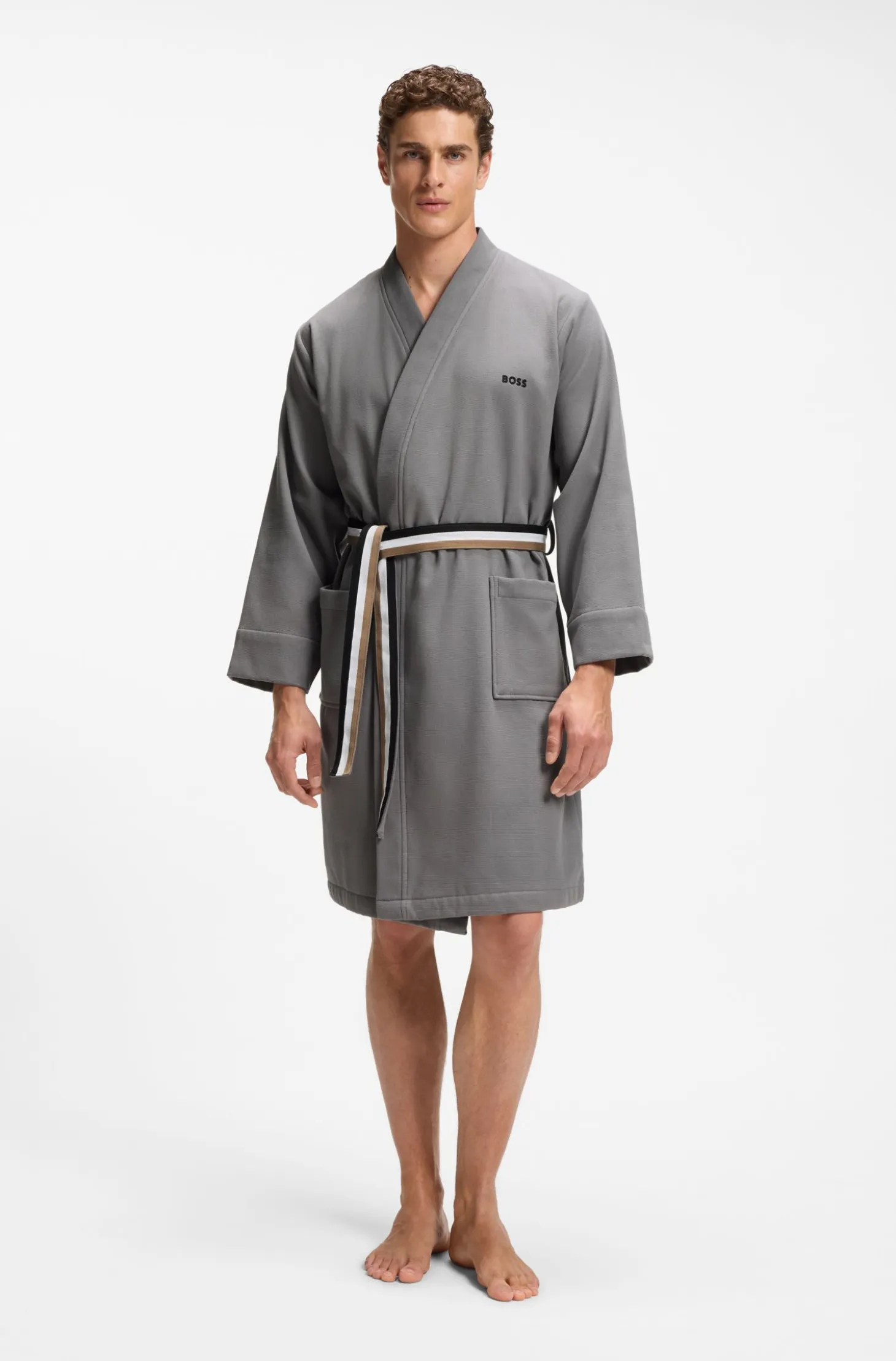 Cotton dressing gown with signature-stripe belt