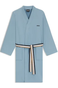 Cotton dressing gown with signature-stripe belt