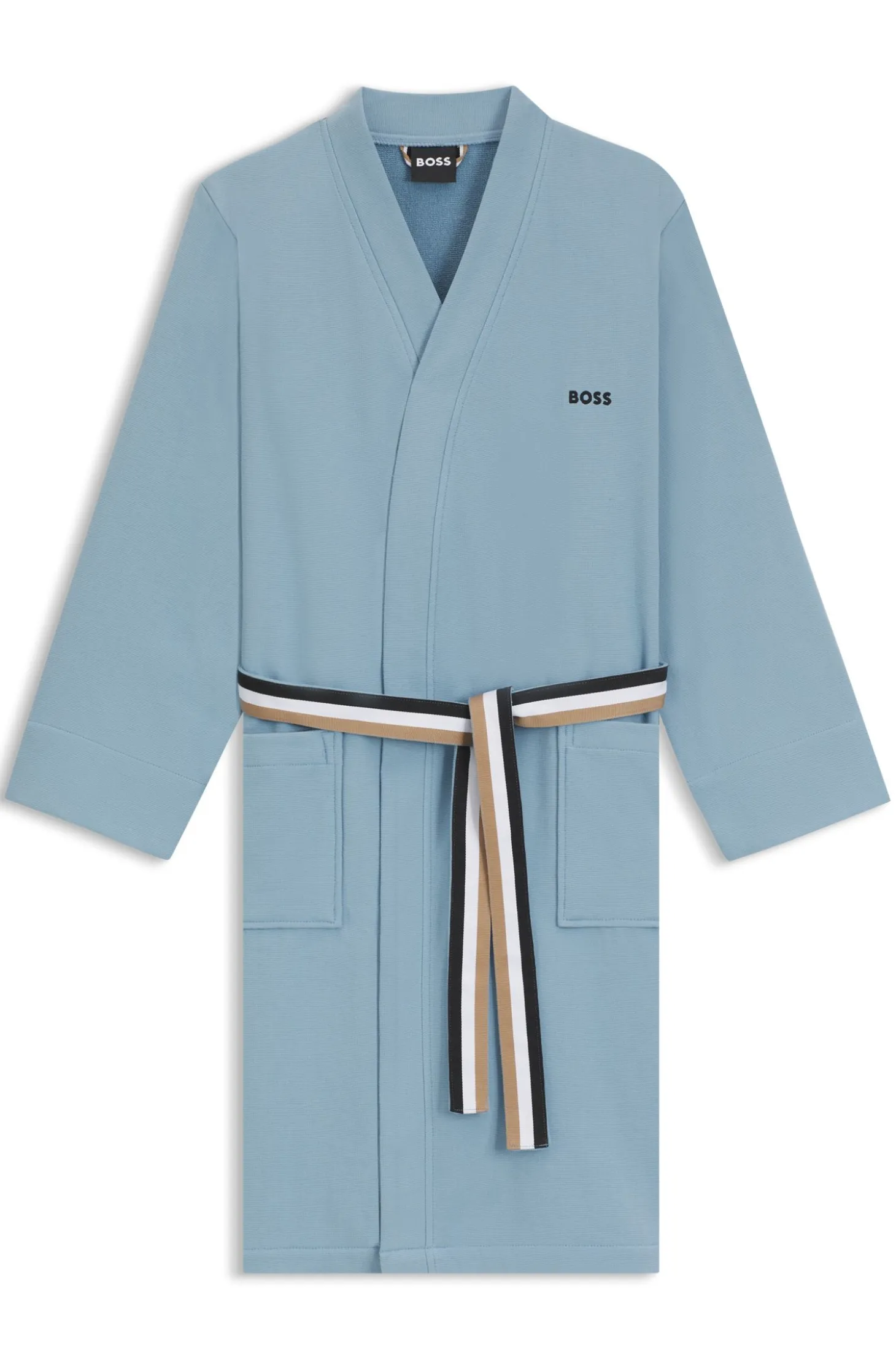 Cotton dressing gown with signature-stripe belt