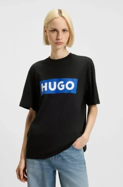 Cotton-jersey T-shirt with blue logo print